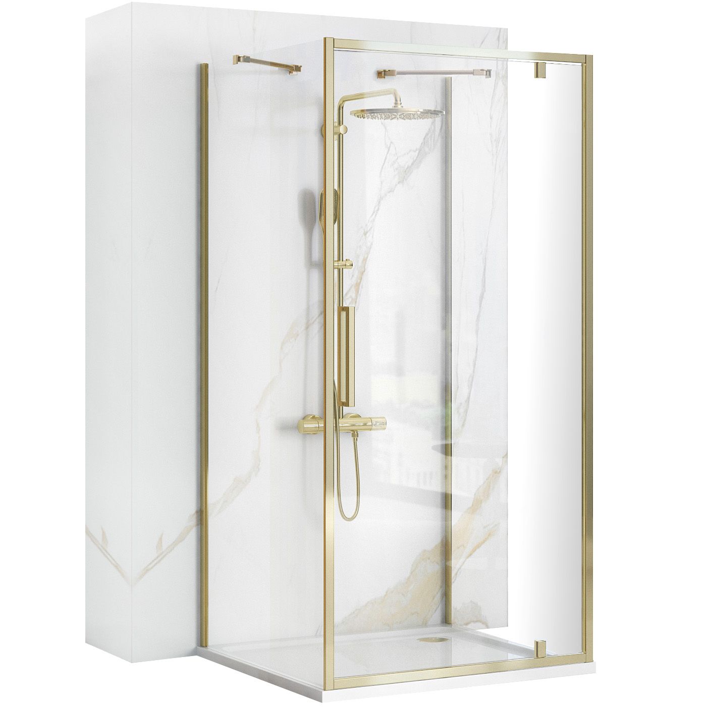 Rea Rapid Swing, 3-stenový sprchovací kút 100 (dvere) x 100 (stena) x 100 (stena) x 195 cm, 6mm číre sklo, zlatý lesklý profil, KPL-09415