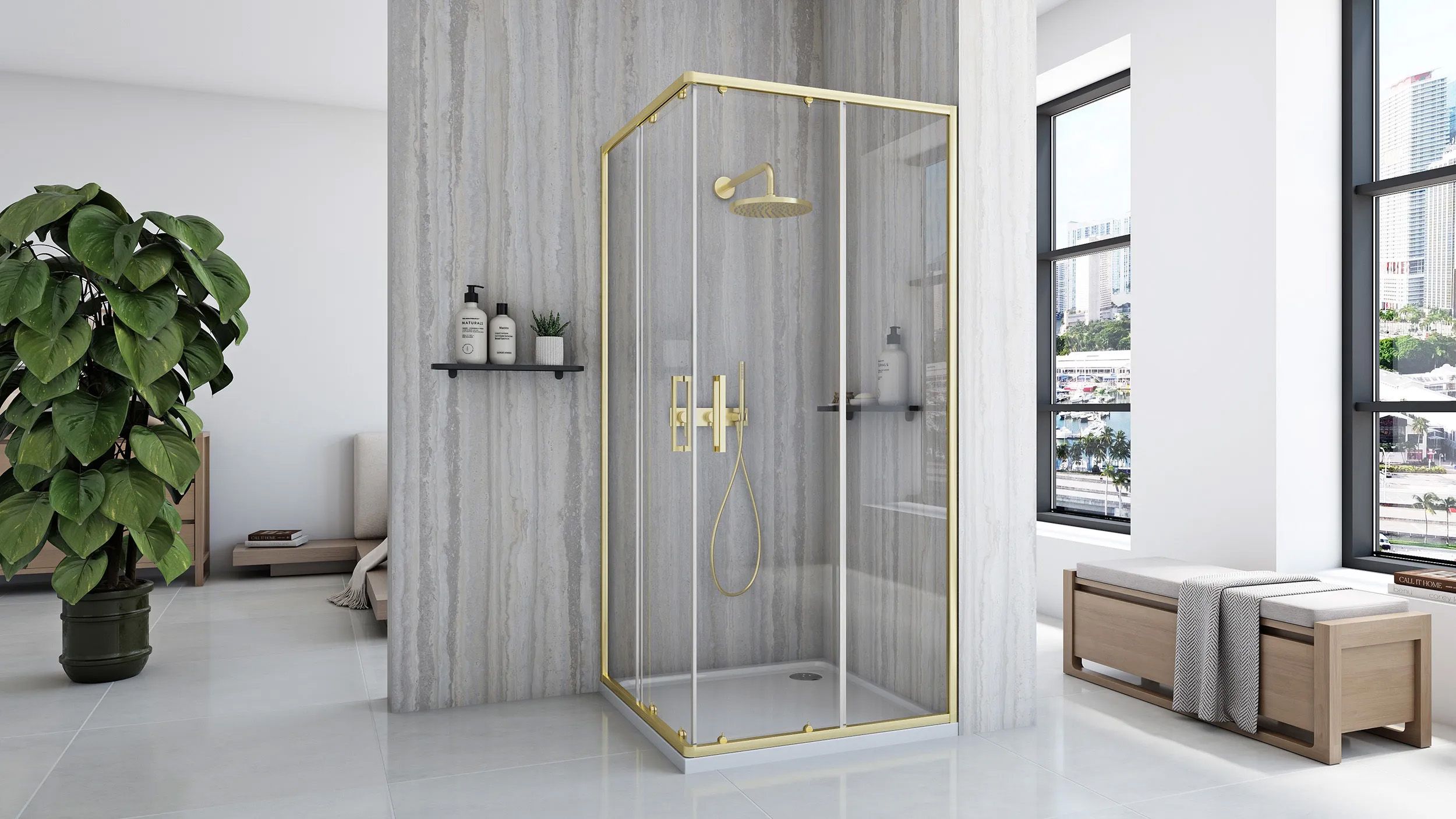 Rea City, sprchovací kút s posuvnými dverami 100(dvere) x 80(dvere) x 190 cm, zlatý matný profil + čierna sprchová vanička Savoy, KPL-K74502