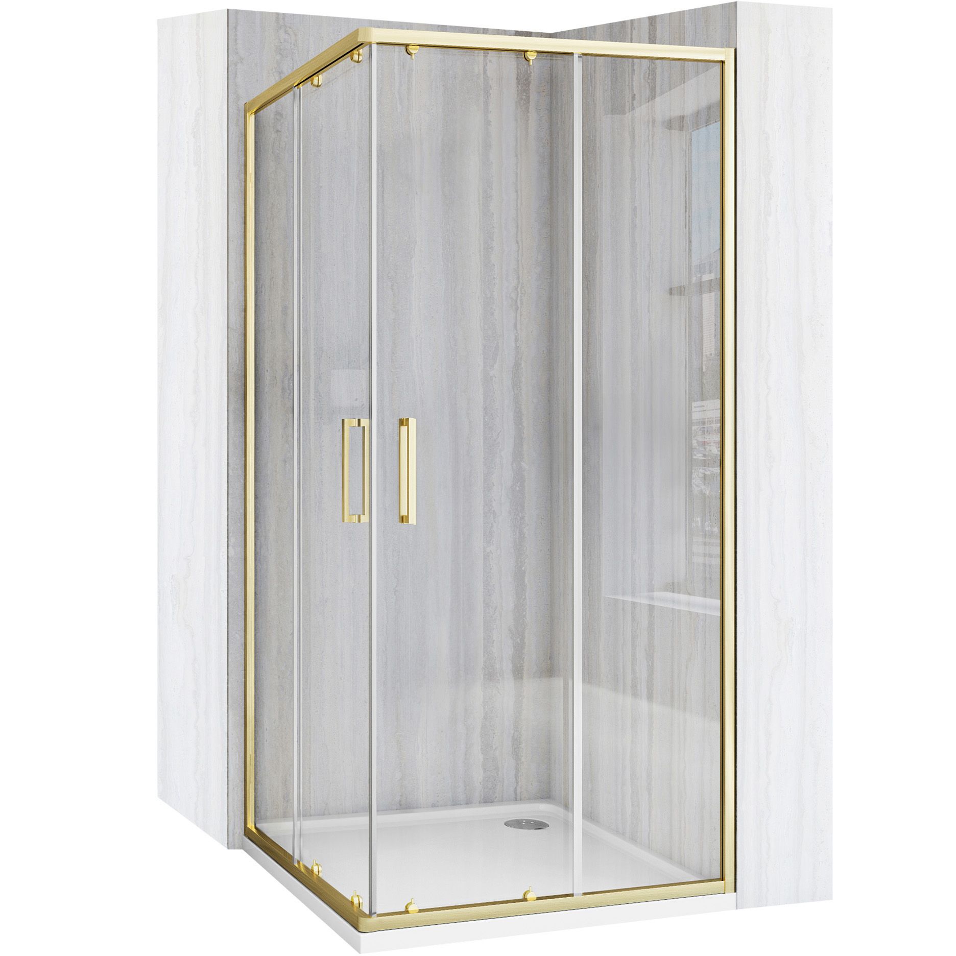 Rea City, sprchovací kút s posuvnými dverami 90(dvere) x 90(dvere) x 190 cm, zlatý matný profil + biela sprchová vanička Savoy, KPL-K6443