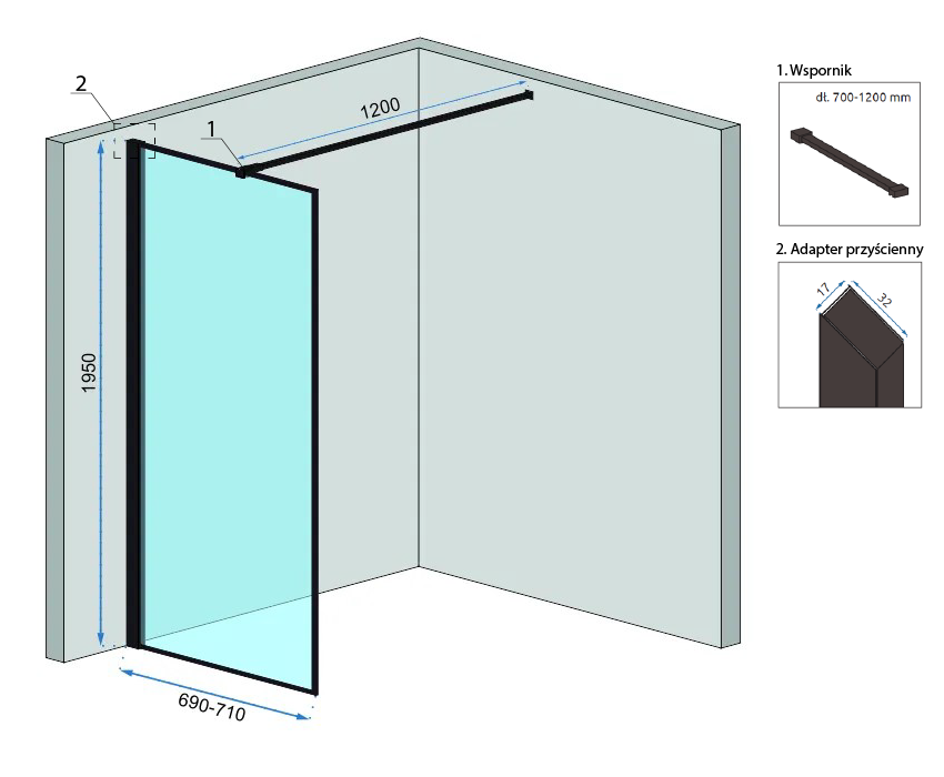 Rea Bler, sprchová zástena typ Walk-In 70x195cm, 8mm číre sklo, čierny profil + polica a vešiak na uteráky EVO, KPL-K7636