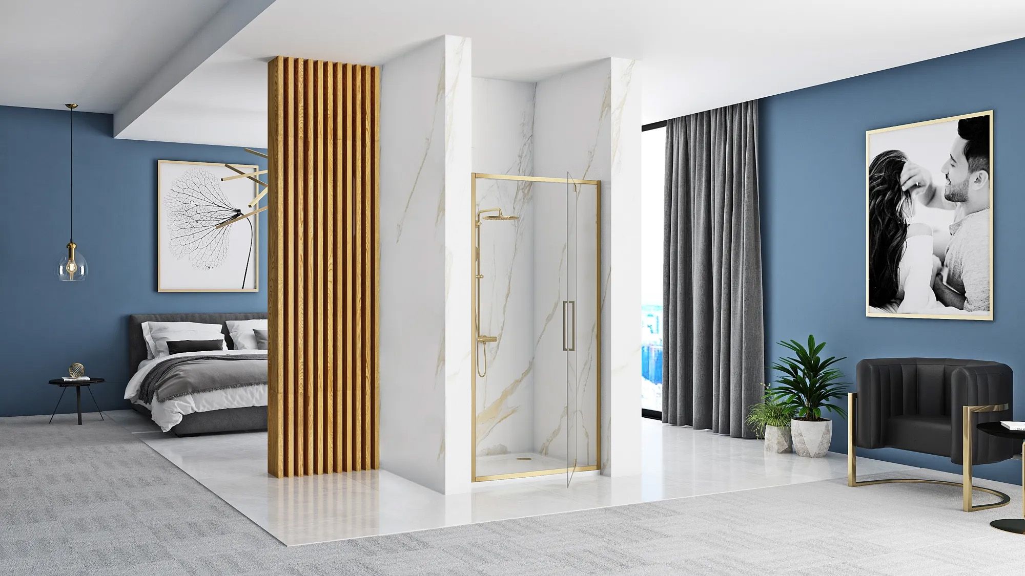 Rea Rapid Swing, 1-krídlové sprchové dvere 100 x 195 cm, 6mm číre sklo, zlatý matný profil, REA-K2503