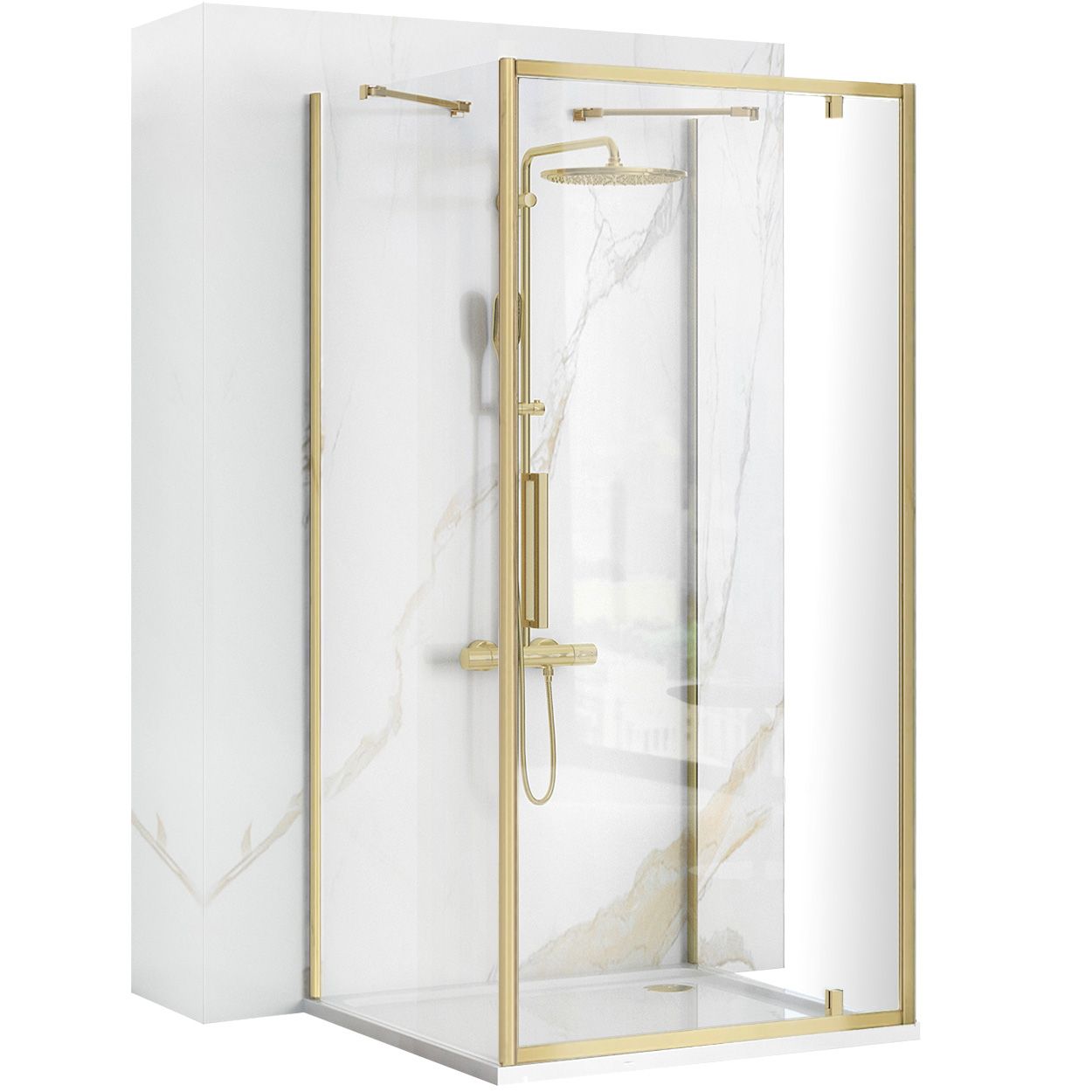 Rea Rapid Swing, 3-stenový sprchovací kút 90(dvere) x 90(stena) x 195 cm, 6mm číre sklo, zlatý matný profil, KPL-02521