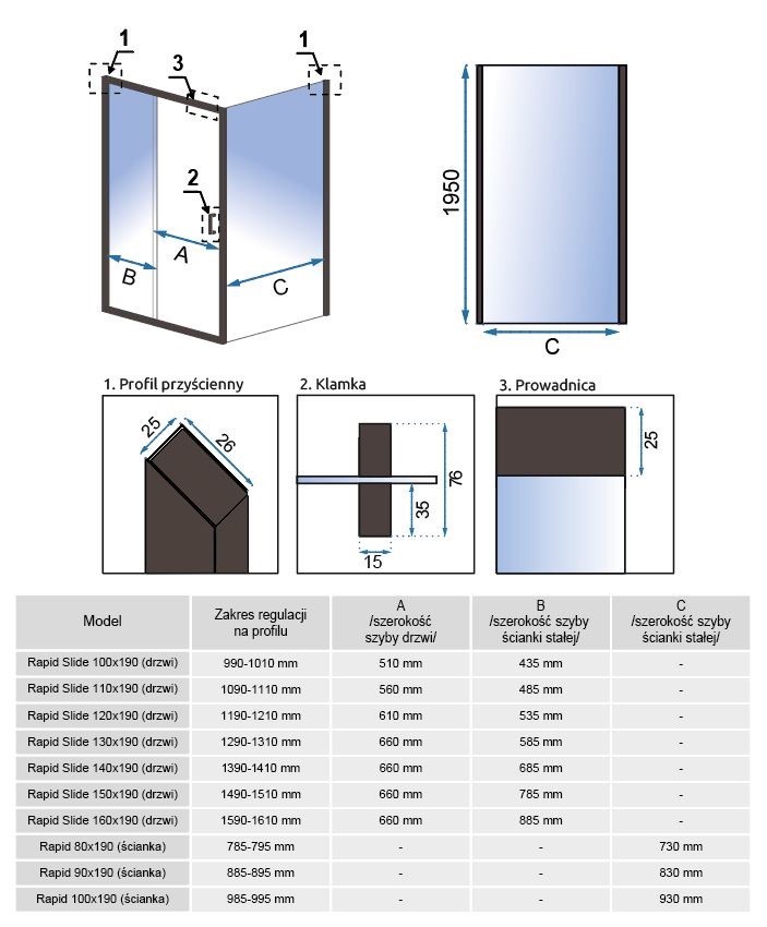 Rea Rapid, pevná stena pre sprchovací kút Rapid 100 x 195 cm, 6mm číre sklo, zlatý matný profil, REA-K4706