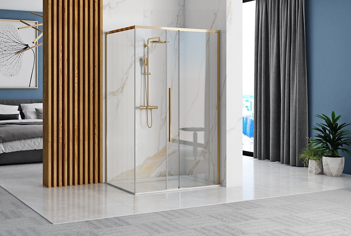 Rea Solar Gold Elegant, sprchový kút s posuvnými dverami 100 (dvere) x 80 (stena) x 195 cm, 6 mm číre sklo, zlatý profil, REA-K4901