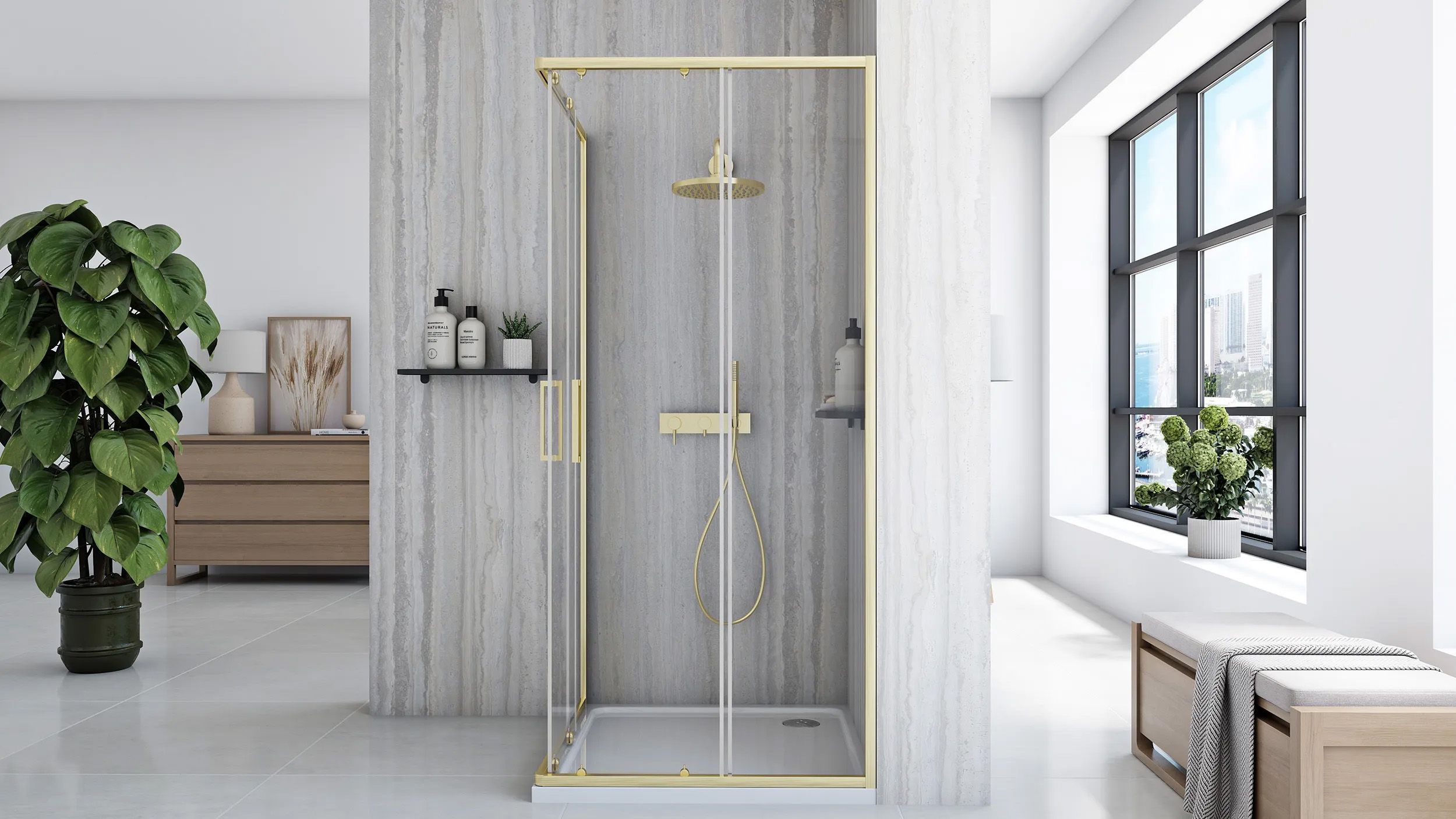 Rea City, sprchovací kút s posuvnými dverami 90(dvere) x 90(dvere) x 190 cm, zlatý matný profil + čierna sprchová vanička Savoy, KPL-K6445