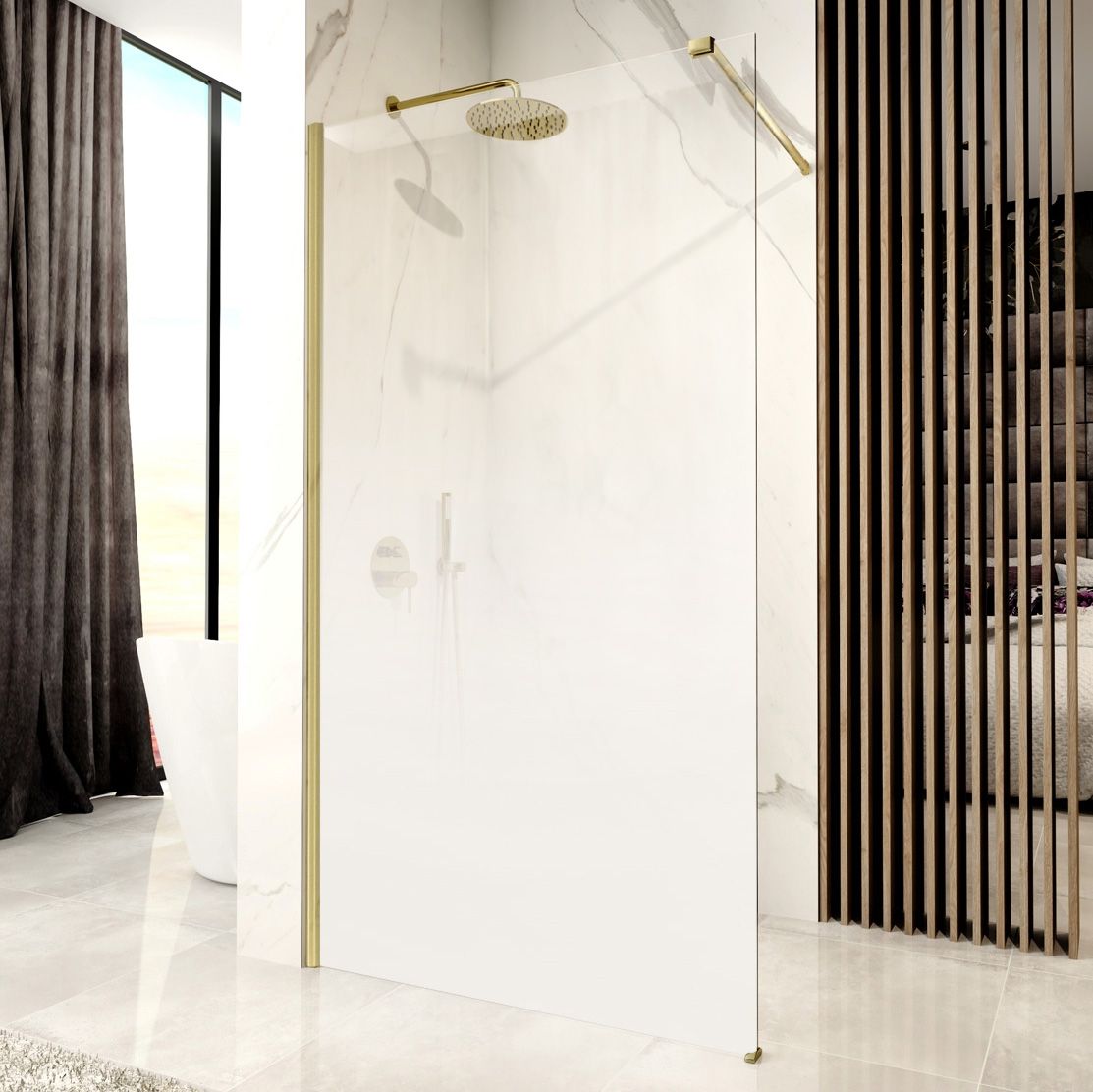 Rea Aero Ombre, sprchová zástena Walk-In 110x195 cm, 8mm číre sklo s bielym vzorom, zlatý matný profil, REA-K2465