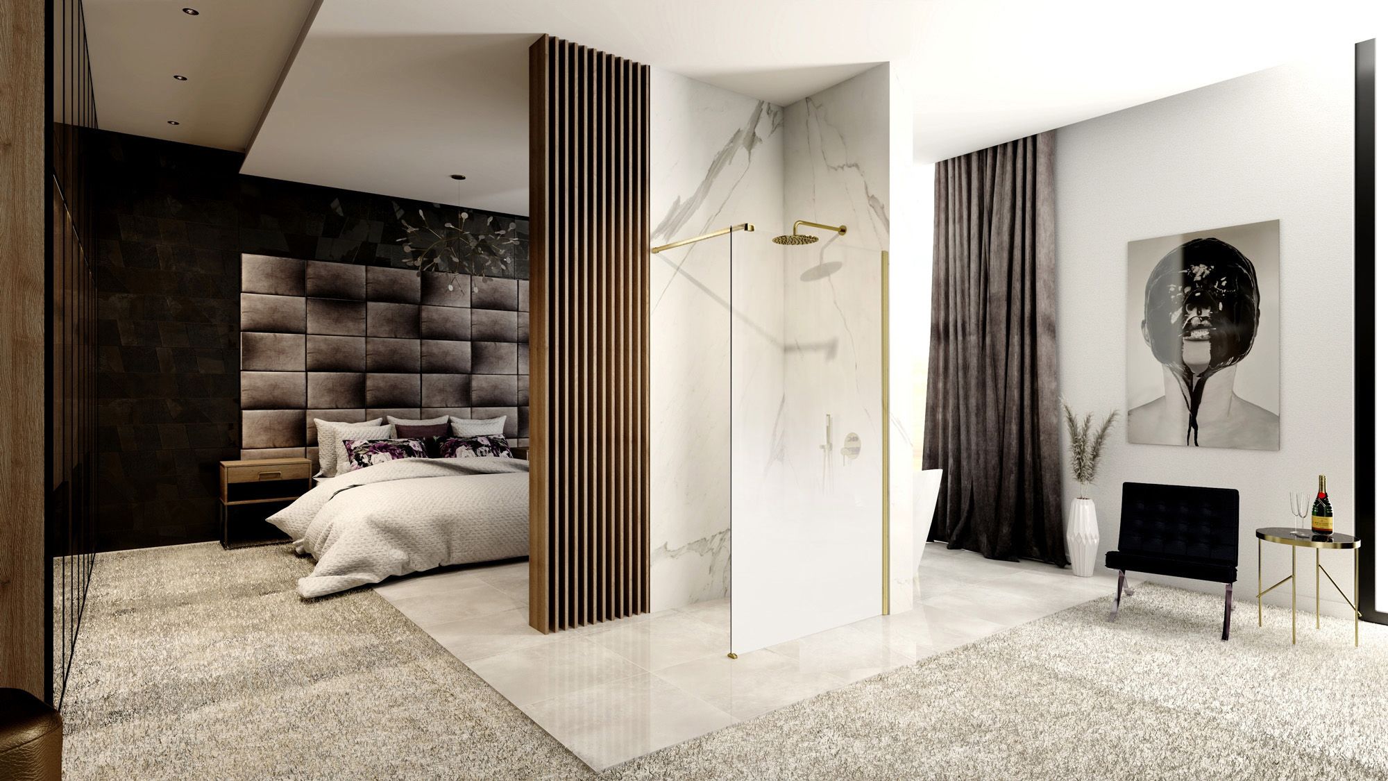 Rea Aero Ombre, sprchová zástena Walk-In 110x195 cm, 8mm číre sklo s bielym vzorom, zlatý matný profil, REA-K2465