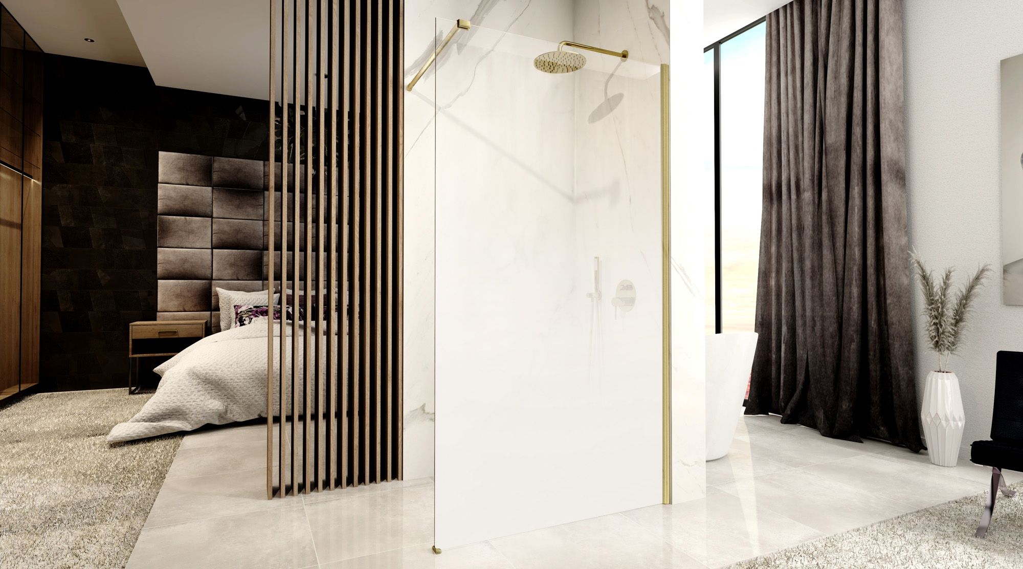 Rea Aero Ombre, sprchová zástena Walk-In 110x195 cm, 8mm číre sklo s bielym vzorom, zlatý matný profil, REA-K2465