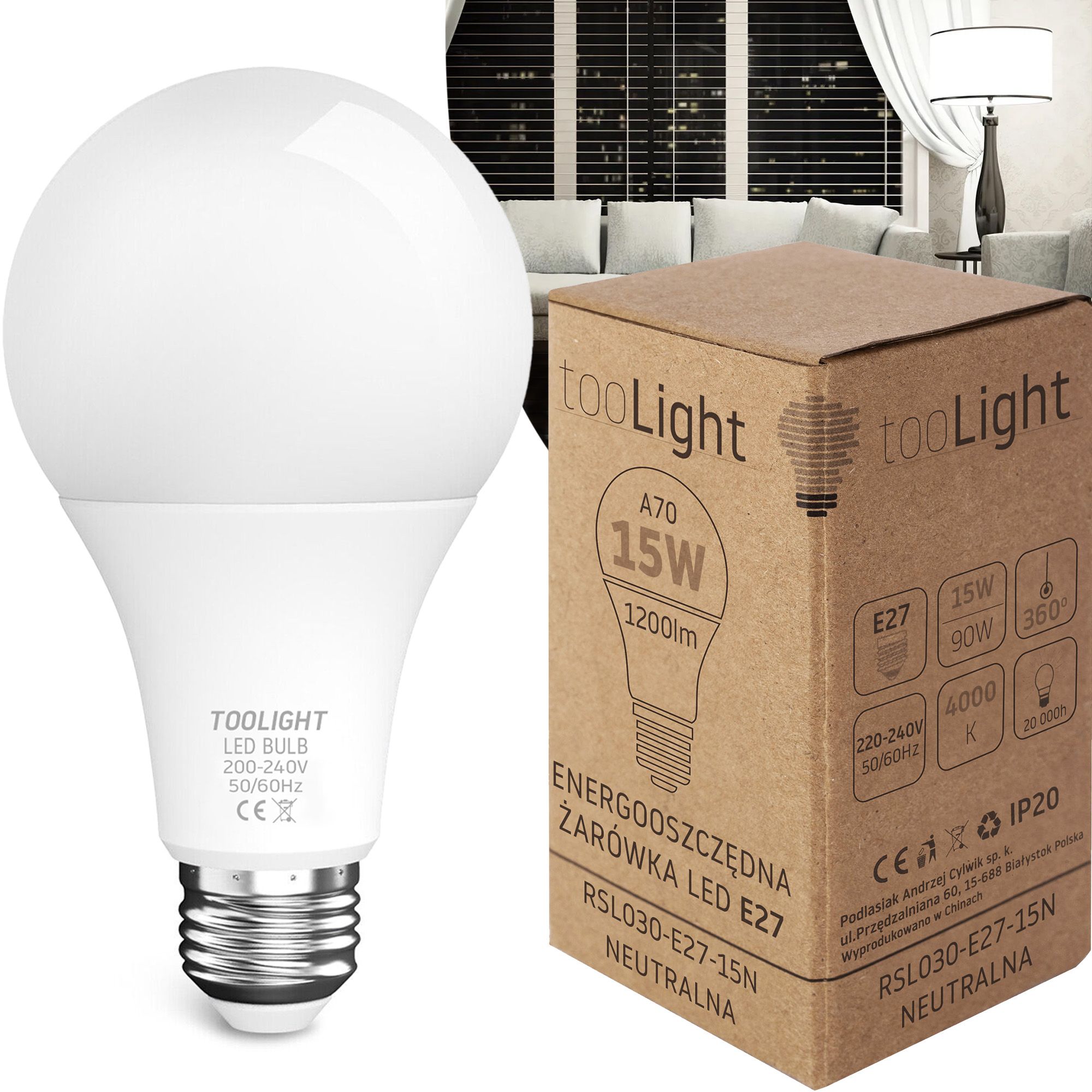Toolight, LED žiarovka E27, 15W, 1200lm, 4000K neutrálna biela, RSL030, OSW-20015