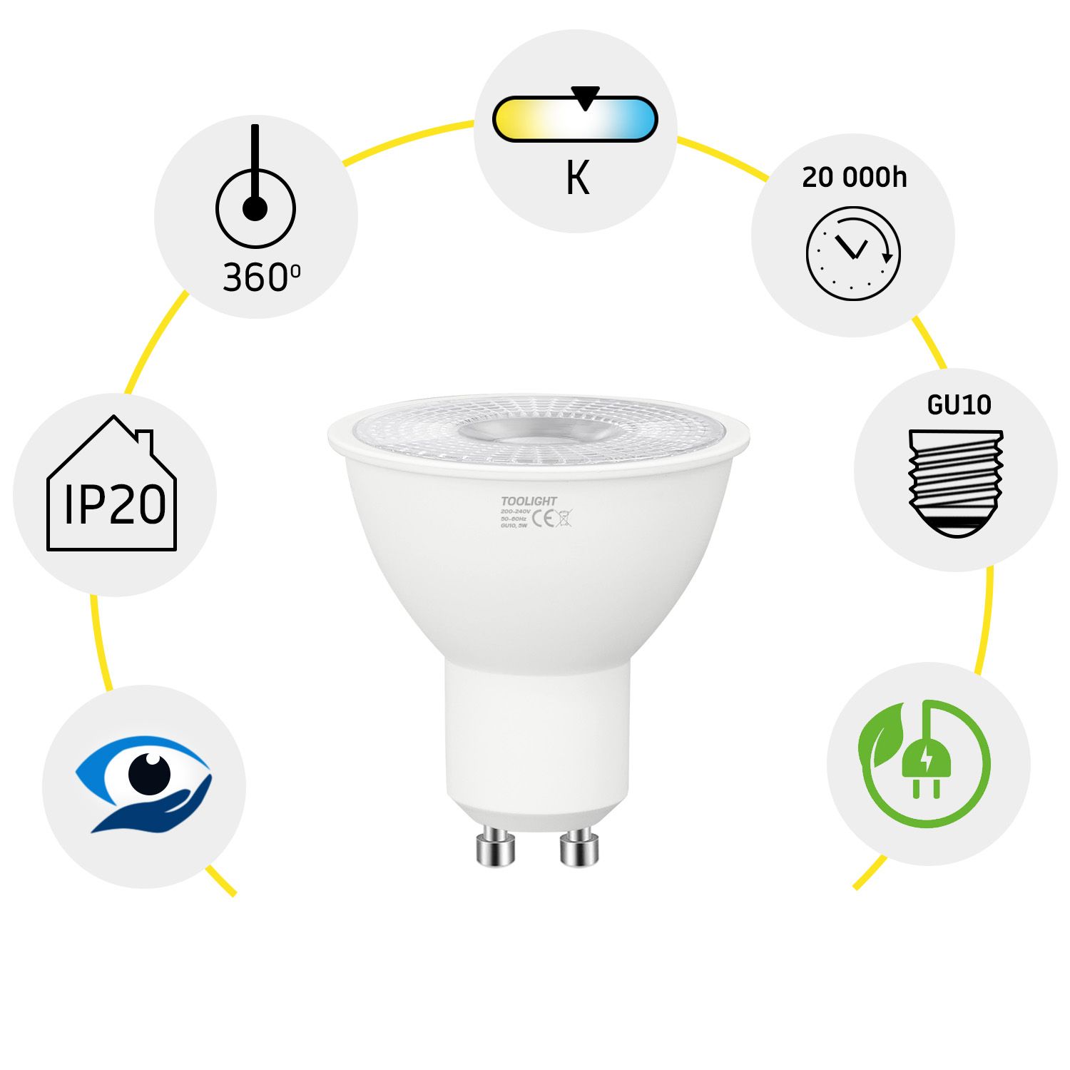 Toolight, LED žiarovka GU10, 5W, 350lm, 3000K, teplá farba, RSL040, OSW-20022