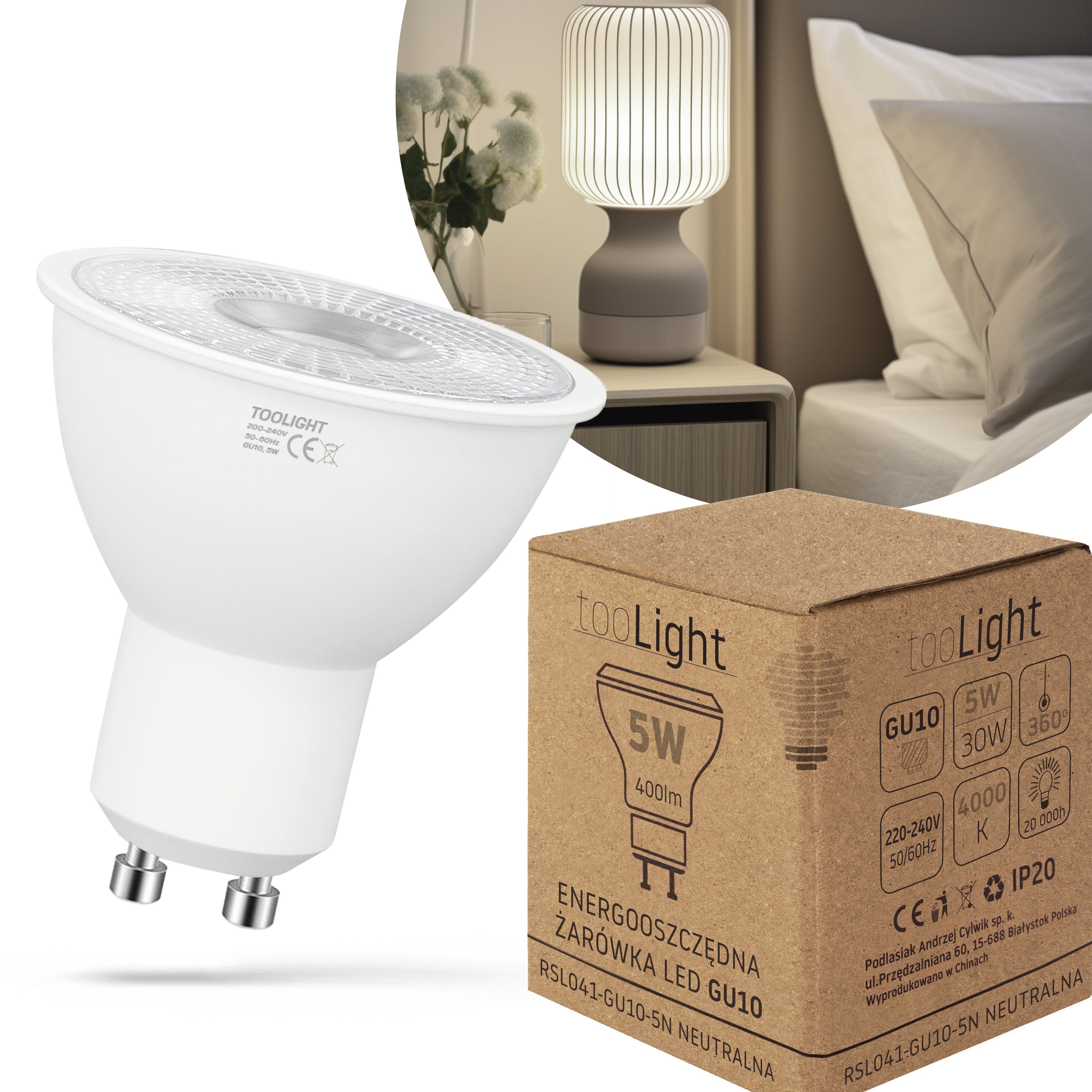 Toolight, LED žiarovka GU10, 5W, 400lm, 4000K, neutrálna farba, RSL041, OSW-20024