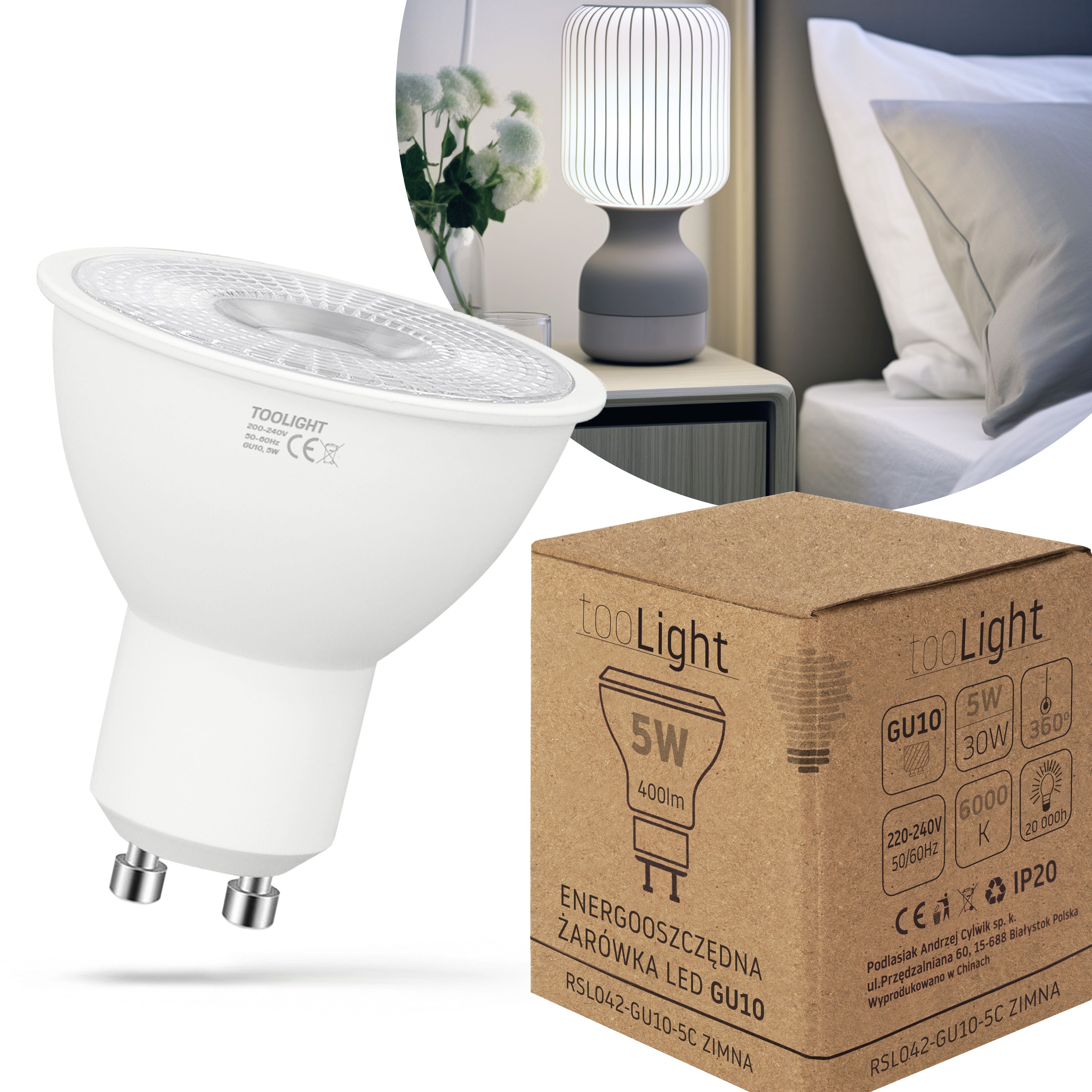 Toolight, LED žiarovka GU10, 5W, 400lm, 6000K, studená farba, RSL042, OSW-20023