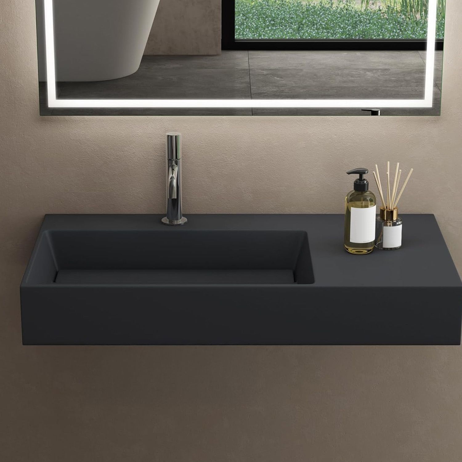 Rea Archi, umývadlo na dosku z konglomerátu 750x430x140 mm, ľavá verzia, šedá matná, REA-U4303