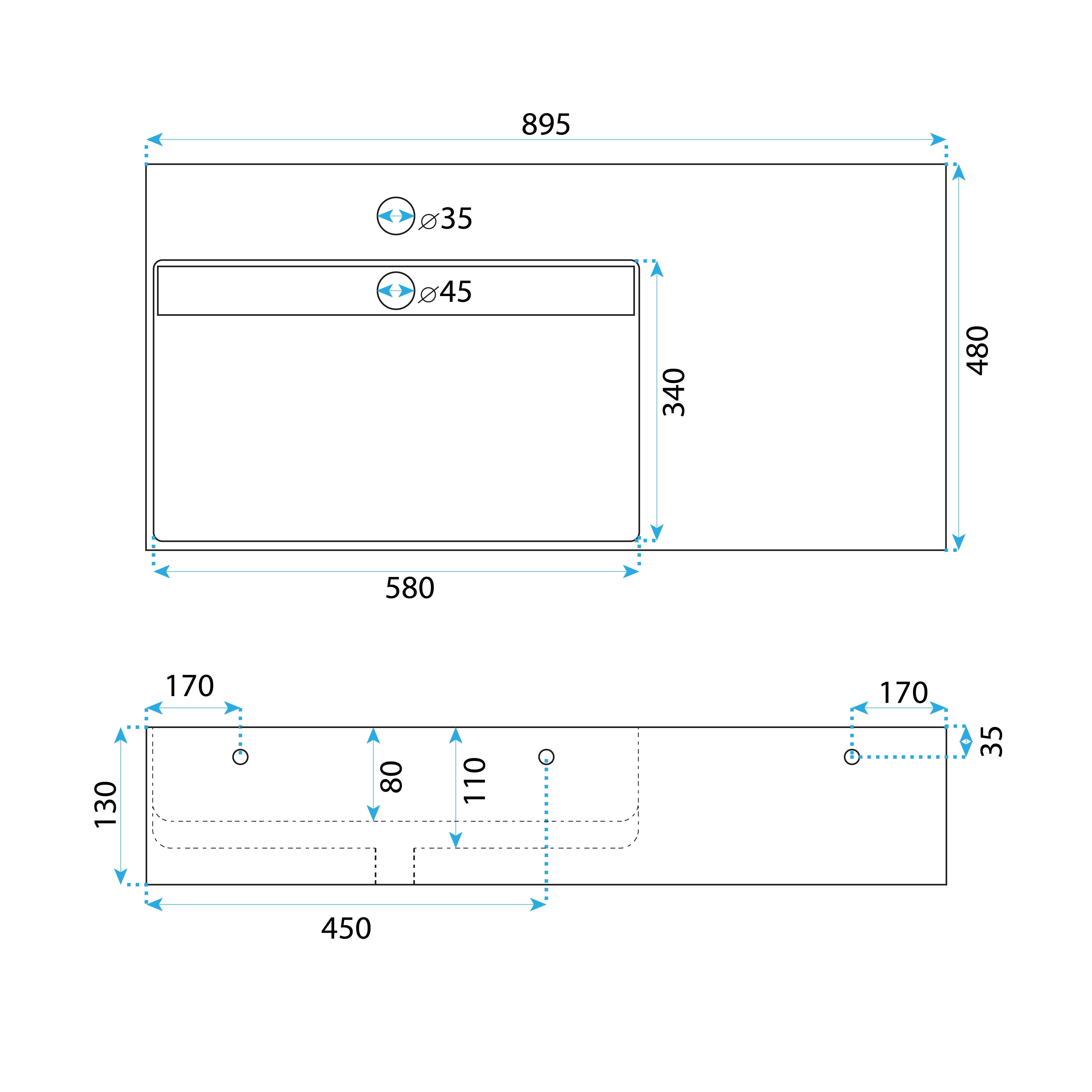Rea Archi, umývadlo na dosku z konglomerátu 900x480x130 mm, ľavá verzia, šedá matná, REA-U4304