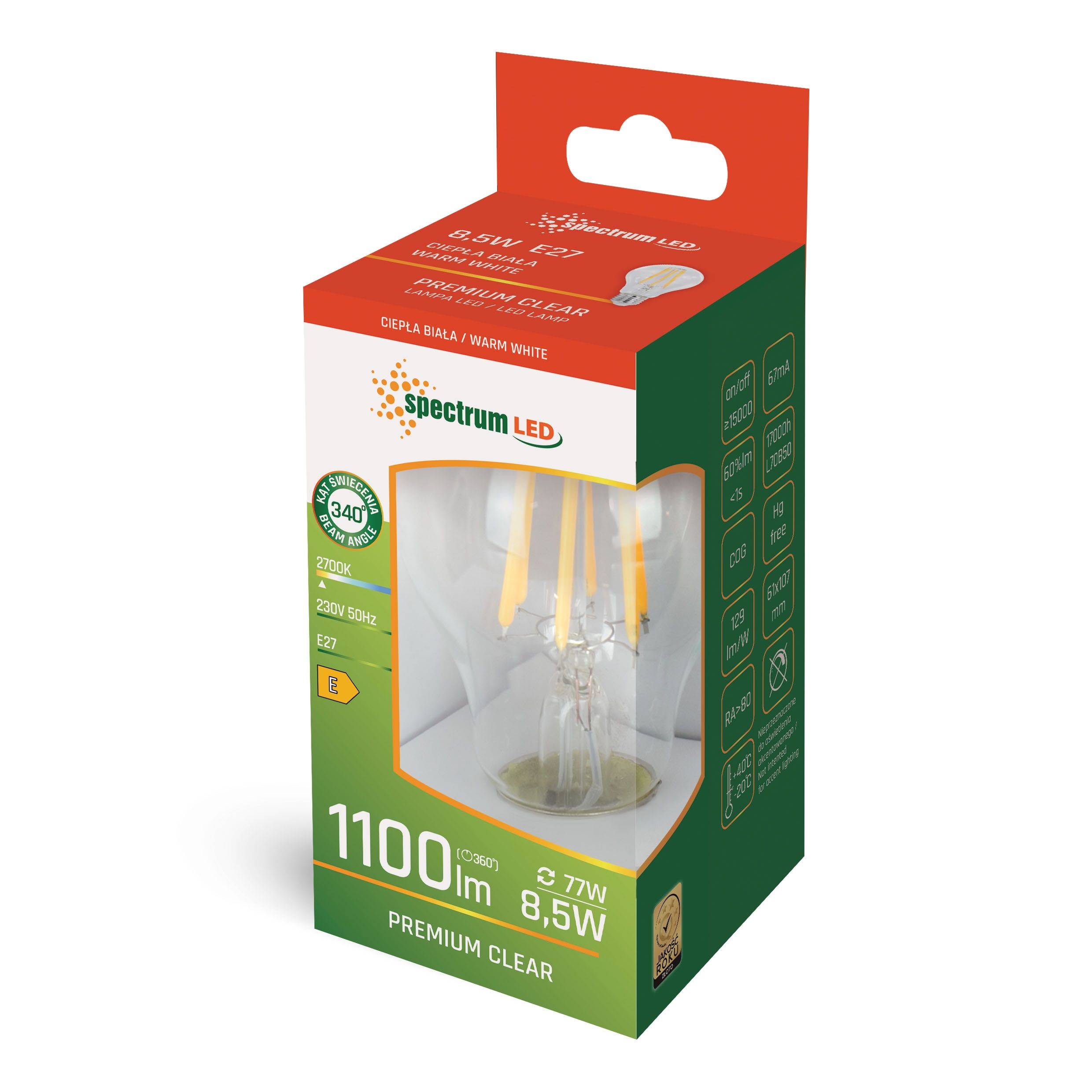 Spectrum LED, LED žiarovka GLS E-27, 8,5W, 2700K, 1100lm, WOJ+14595, OSW-01146