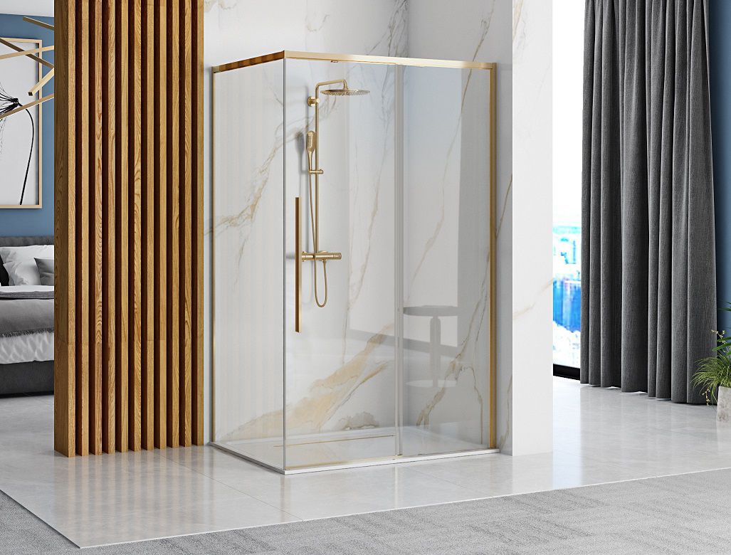 Rea Solar Gold, sprchovací kút 100x80cm, 6mm číre sklo, zlatý profil + biela sprchová vanička Savoy, KPL-K4901