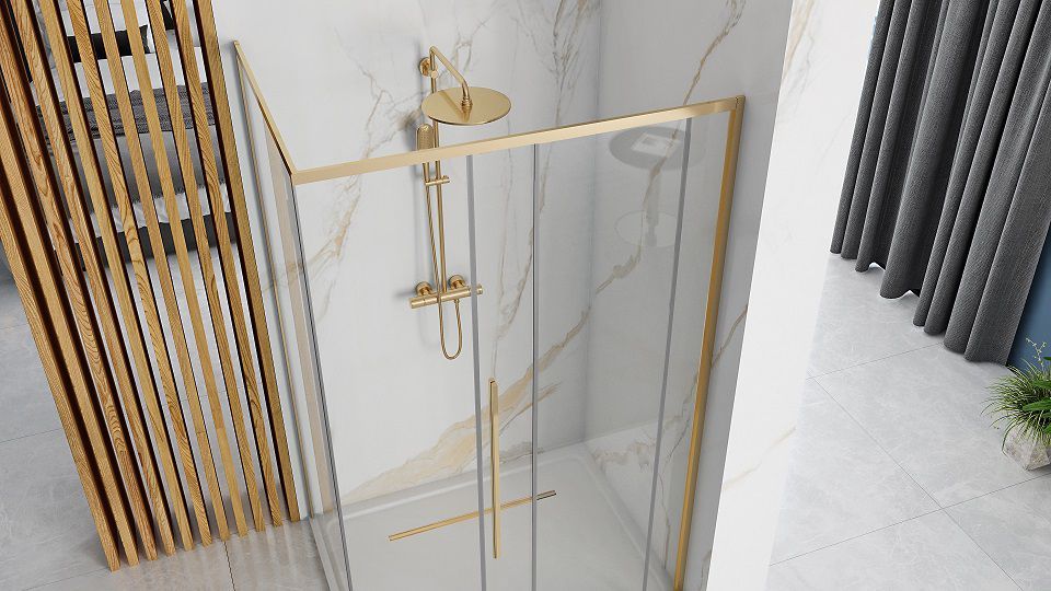 Rea Solar Gold, sprchovací kút 100x80cm, 6mm číre sklo, zlatý profil + biela sprchová vanička Savoy, KPL-K4901