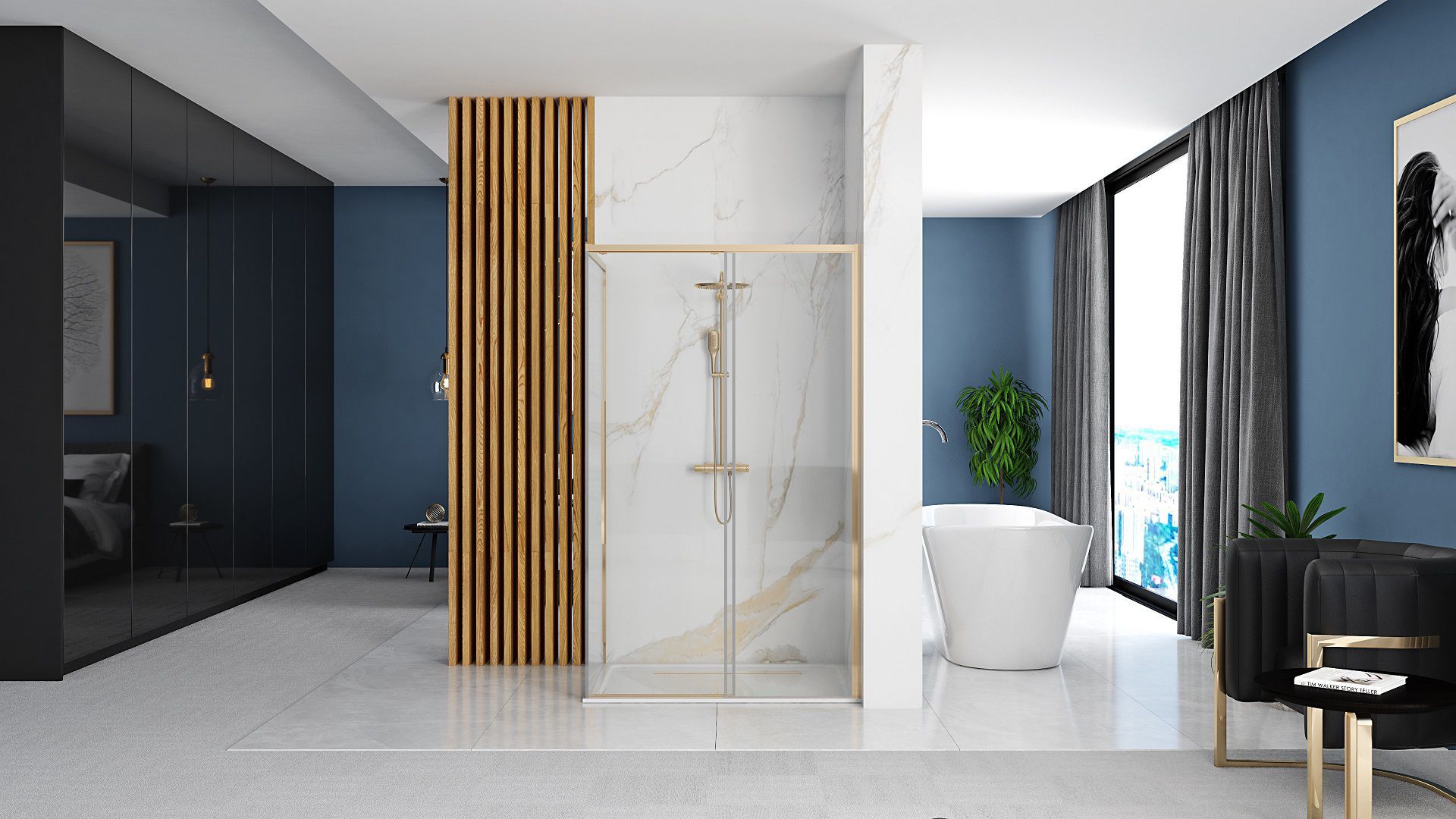 Rea Solar Gold, sprchovací kút 100x80cm, 6mm číre sklo, zlatý profil + biela sprchová vanička Savoy, KPL-K4901