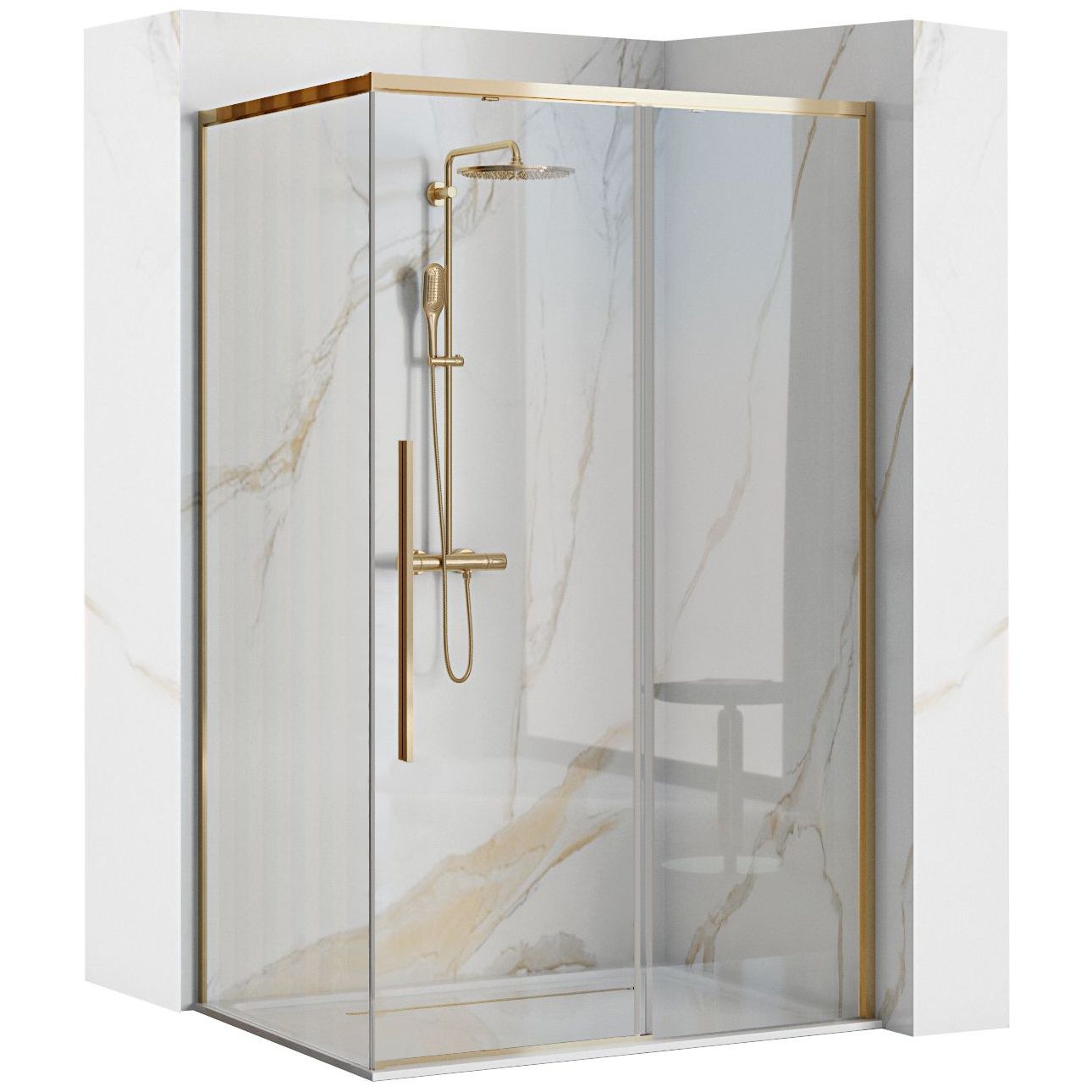 Rea Solar Gold, sprchovací kút 100x80cm, 6mm číre sklo, zlatý profil + biela sprchová vanička Savoy, KPL-K4901