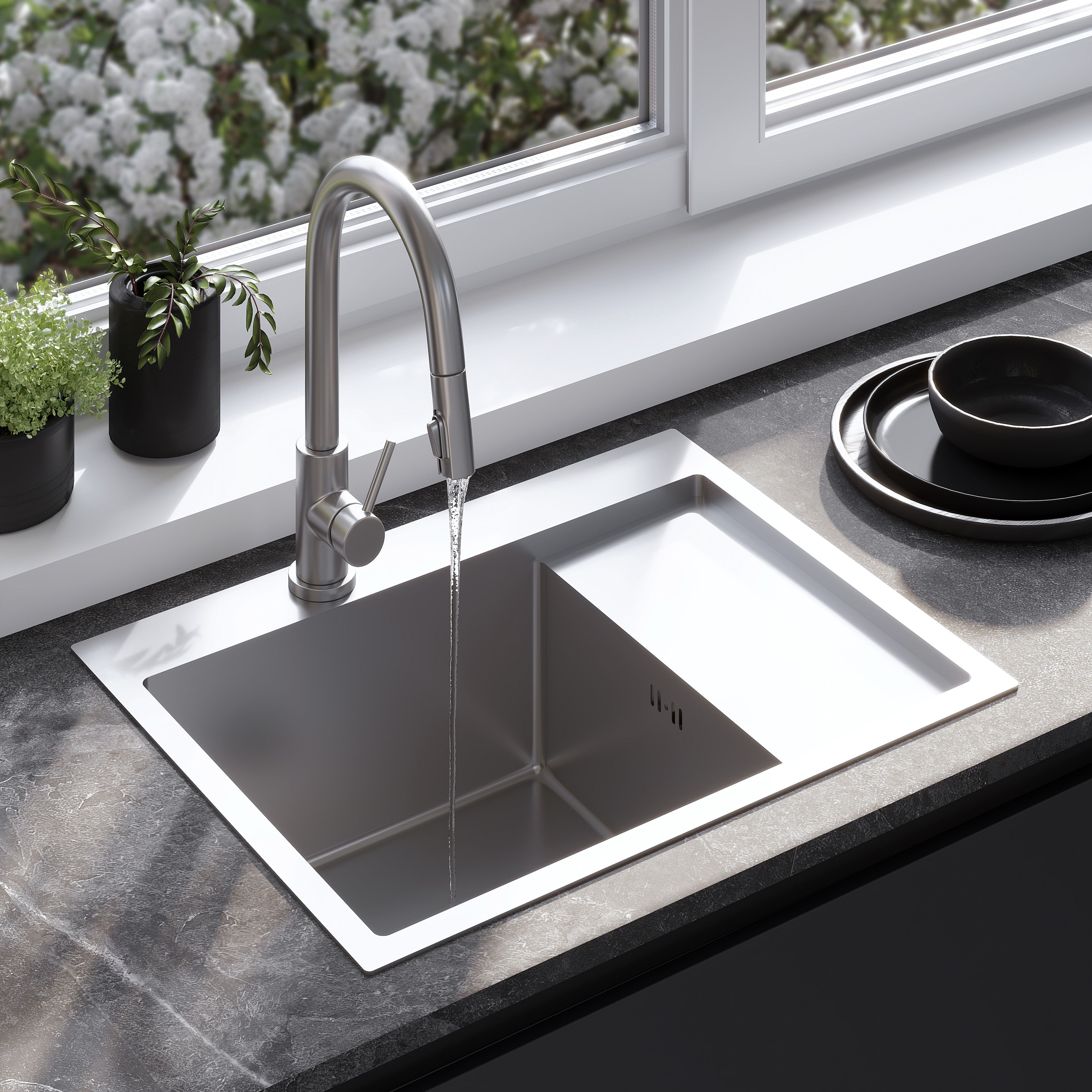 Rea Fin, 1-komorový oceľový drez 620x480x185 mm, brúsená oceľ, ZLE-06012