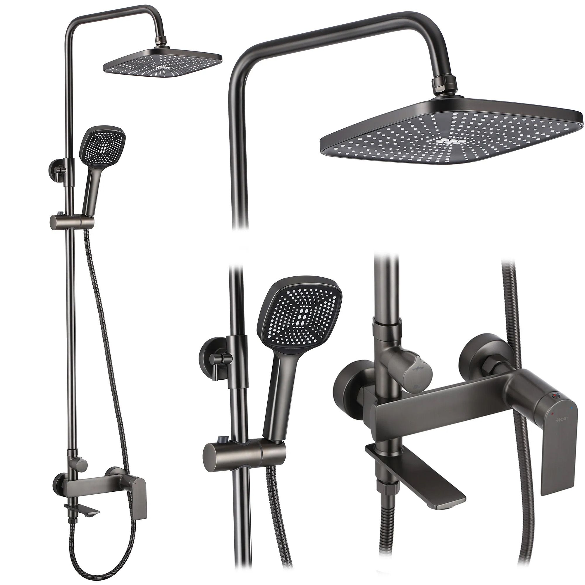 Rea Storm, vaňová/sprchová súprava s dažďovou hlavovou sprchou a ručnou sprchovou hlavicou, grafitová, REA-P9534