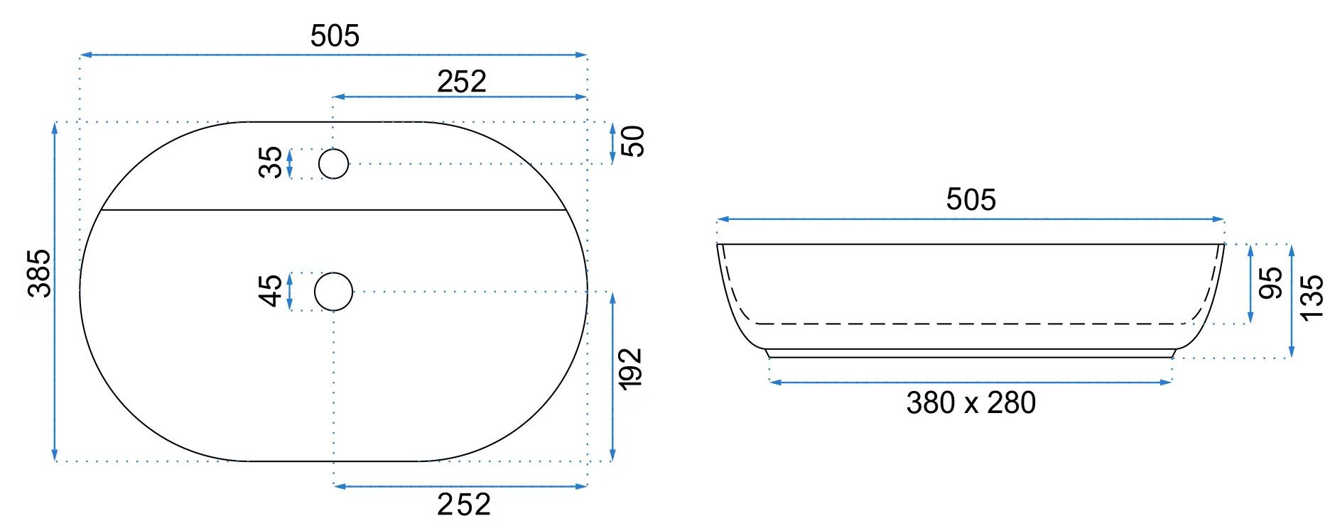 Rea Aura 51, umývadlo na dosku 505x385x135 mm, biela lesklá, REA-U4620