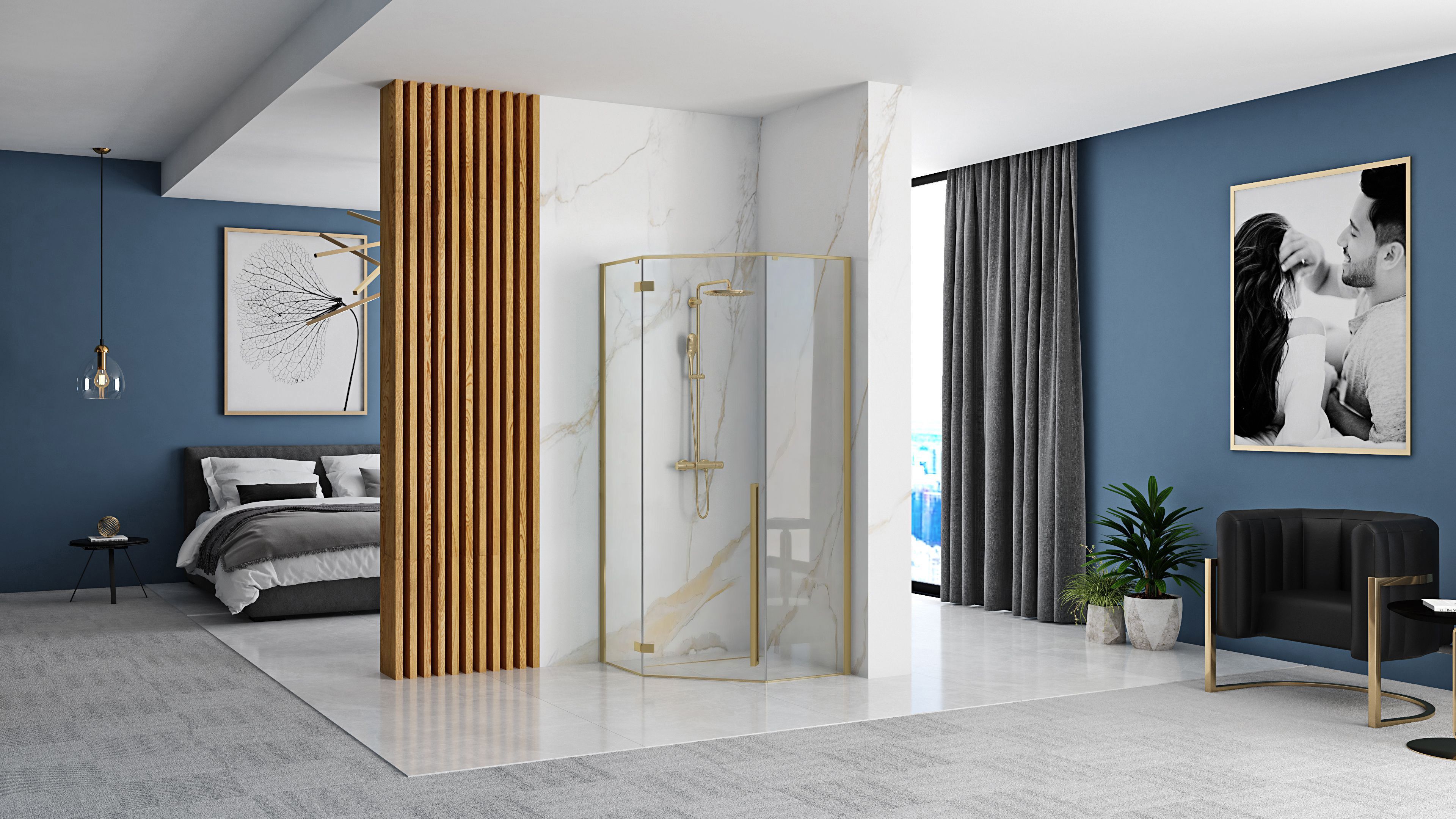 Rea Diamond, 5-uholníkový sprchovací kút 90x90, 6mm číre sklo, zlatý matný profil + čierna sprchová vanička, KPL-K6507