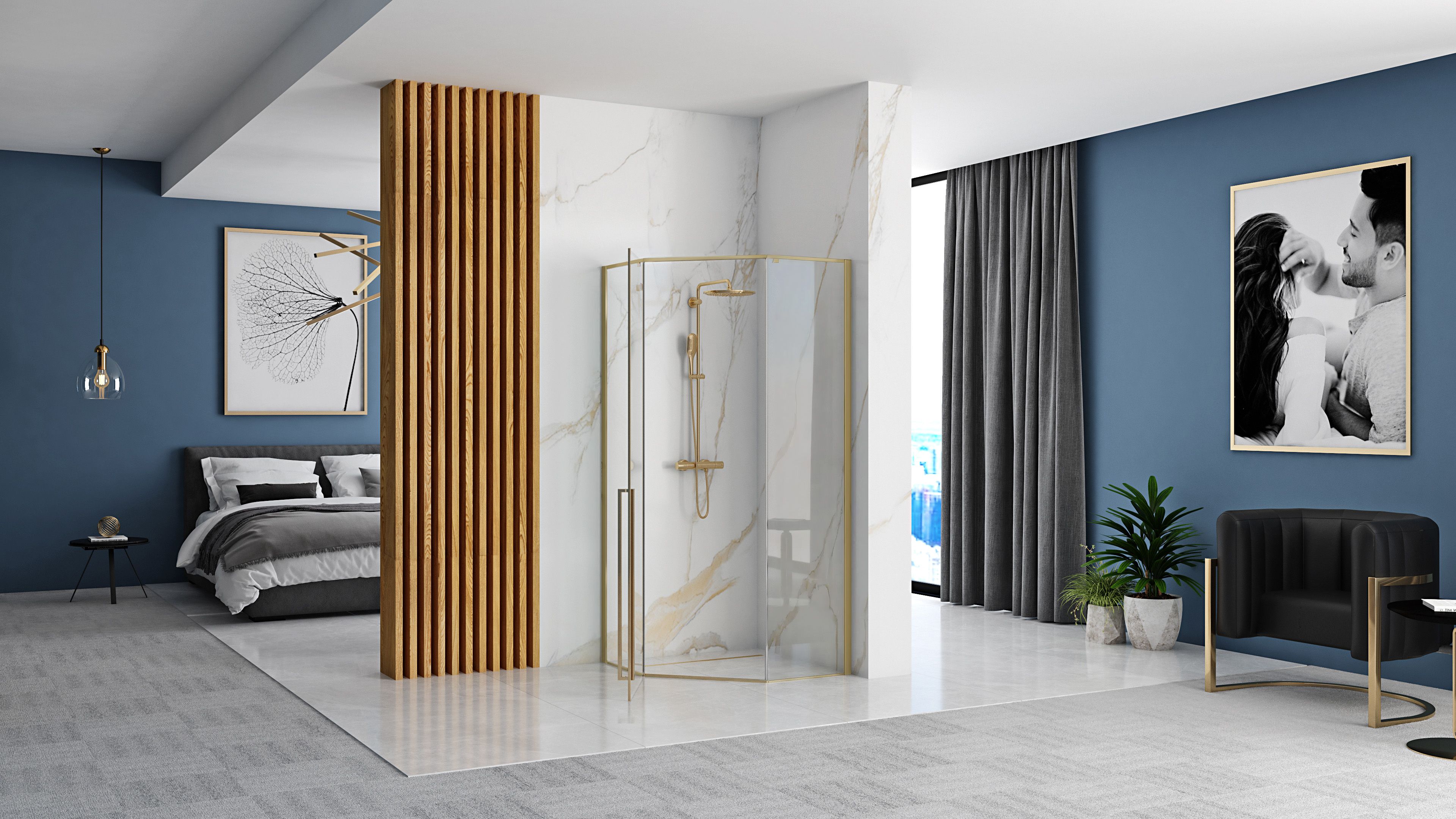 Rea Diamond, 5-uholníkový sprchovací kút 90x90, 6mm číre sklo, zlatý matný profil + čierna sprchová vanička, KPL-K6507