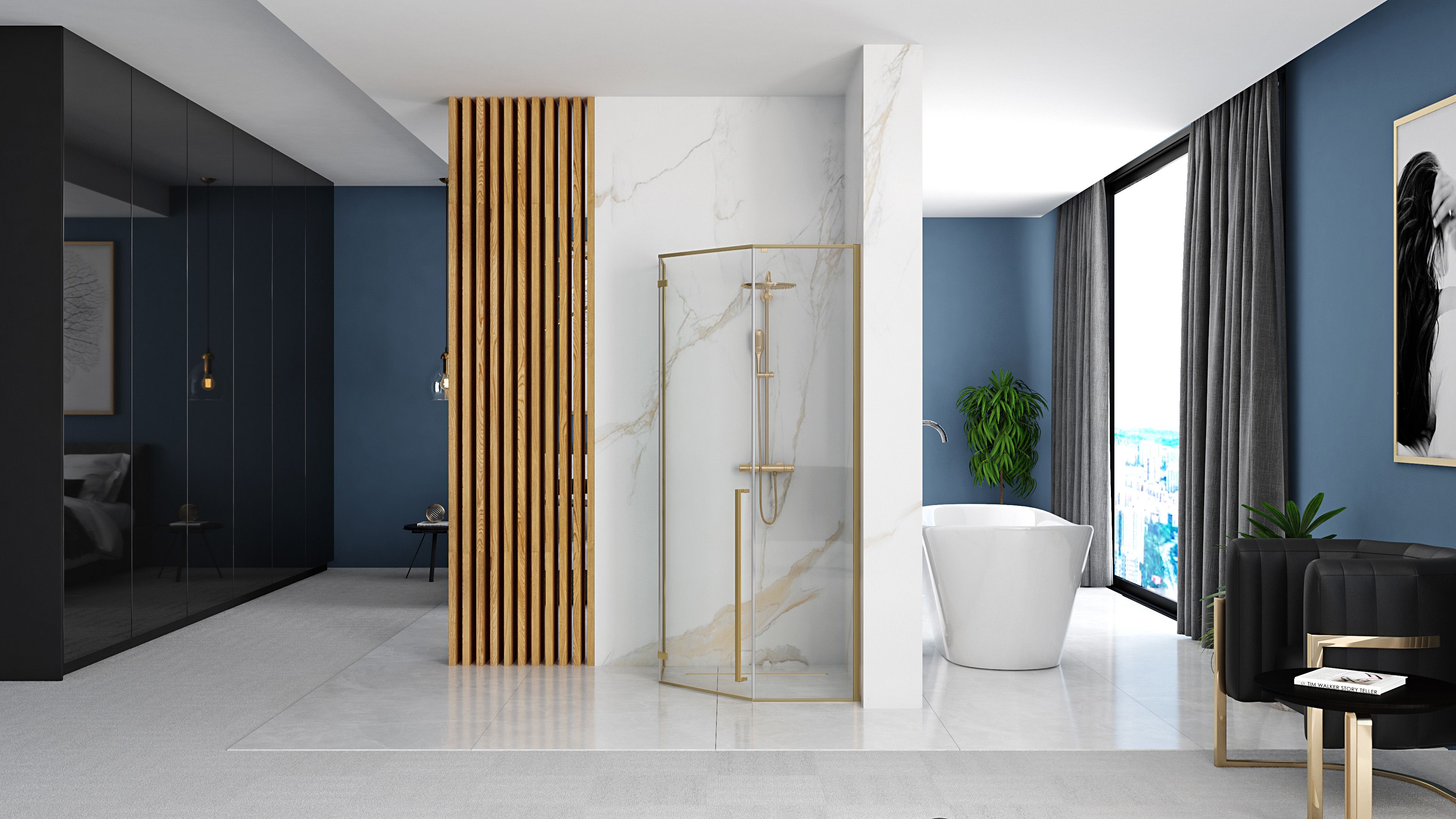Rea Diamond, 5-uholníkový sprchovací kút 90x90, 6mm číre sklo, zlatý matný profil + čierna sprchová vanička, KPL-K6507