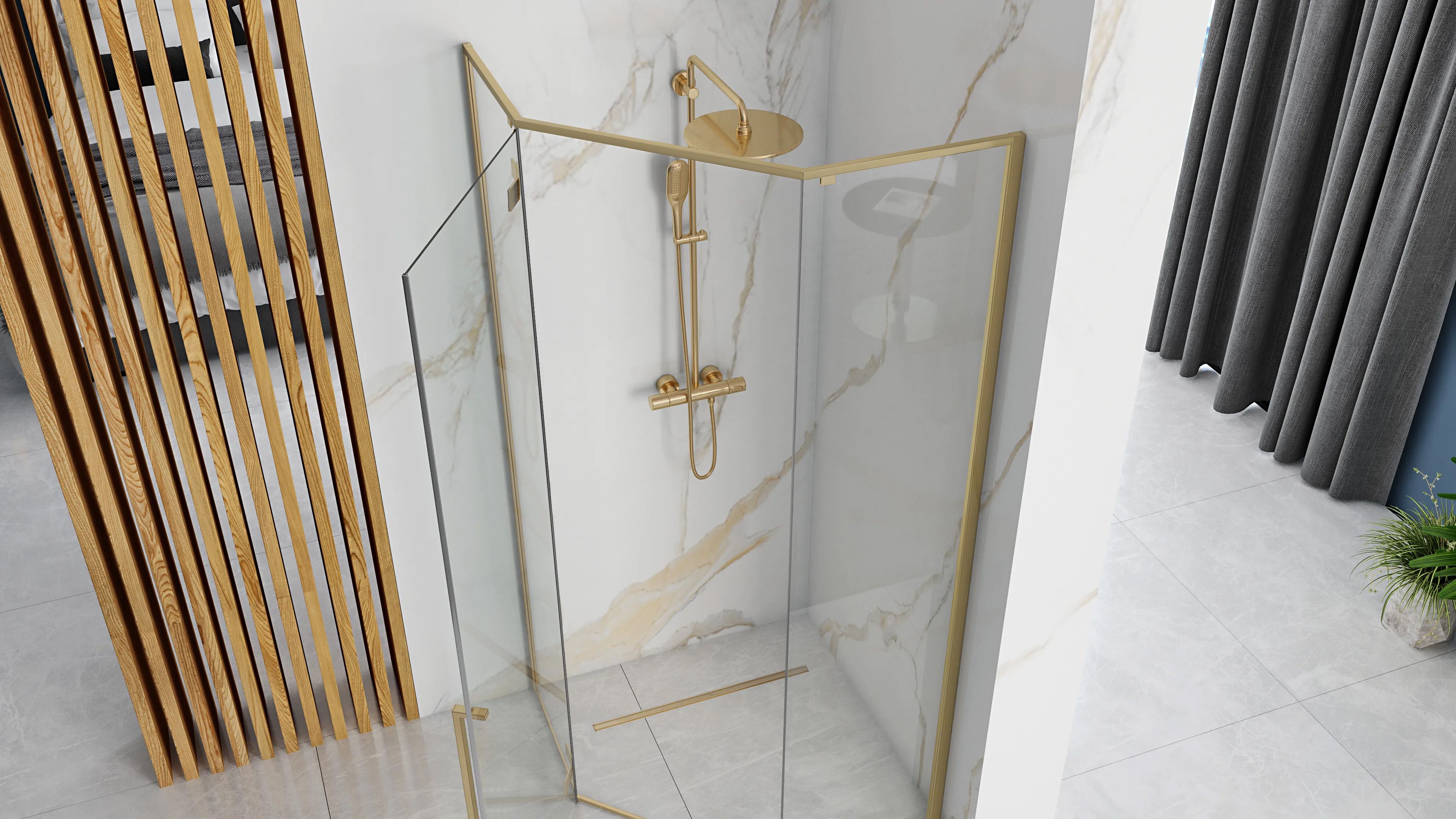 Rea Diamond, 5-uholníkový sprchovací kút 90x90, 6mm číre sklo, zlatý matný profil + čierna sprchová vanička, KPL-K6507