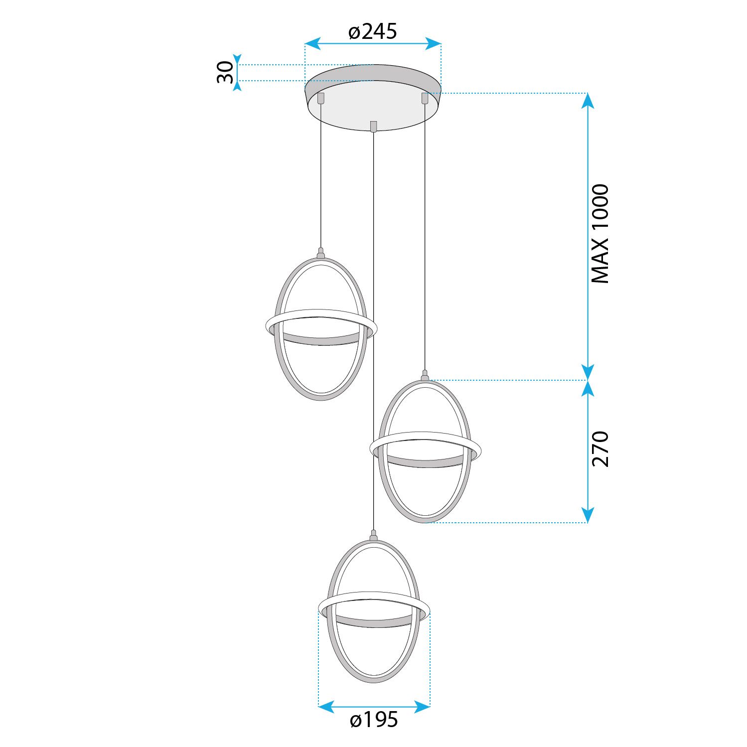 Toolight, LED závesné svietidlo 3x 20x28cm, 60W, 4000K, 4200lm, G064-3CPR, zlatá lesklá, OSW-08696