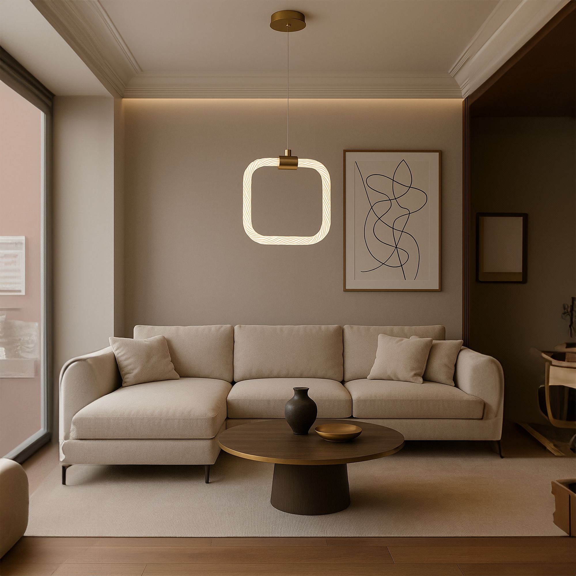 Toolight, závesné LED svietidlo 20x20cm, 9W, 3000K, LHJ056-CP1, číra-zlatá matná, OSW-60029