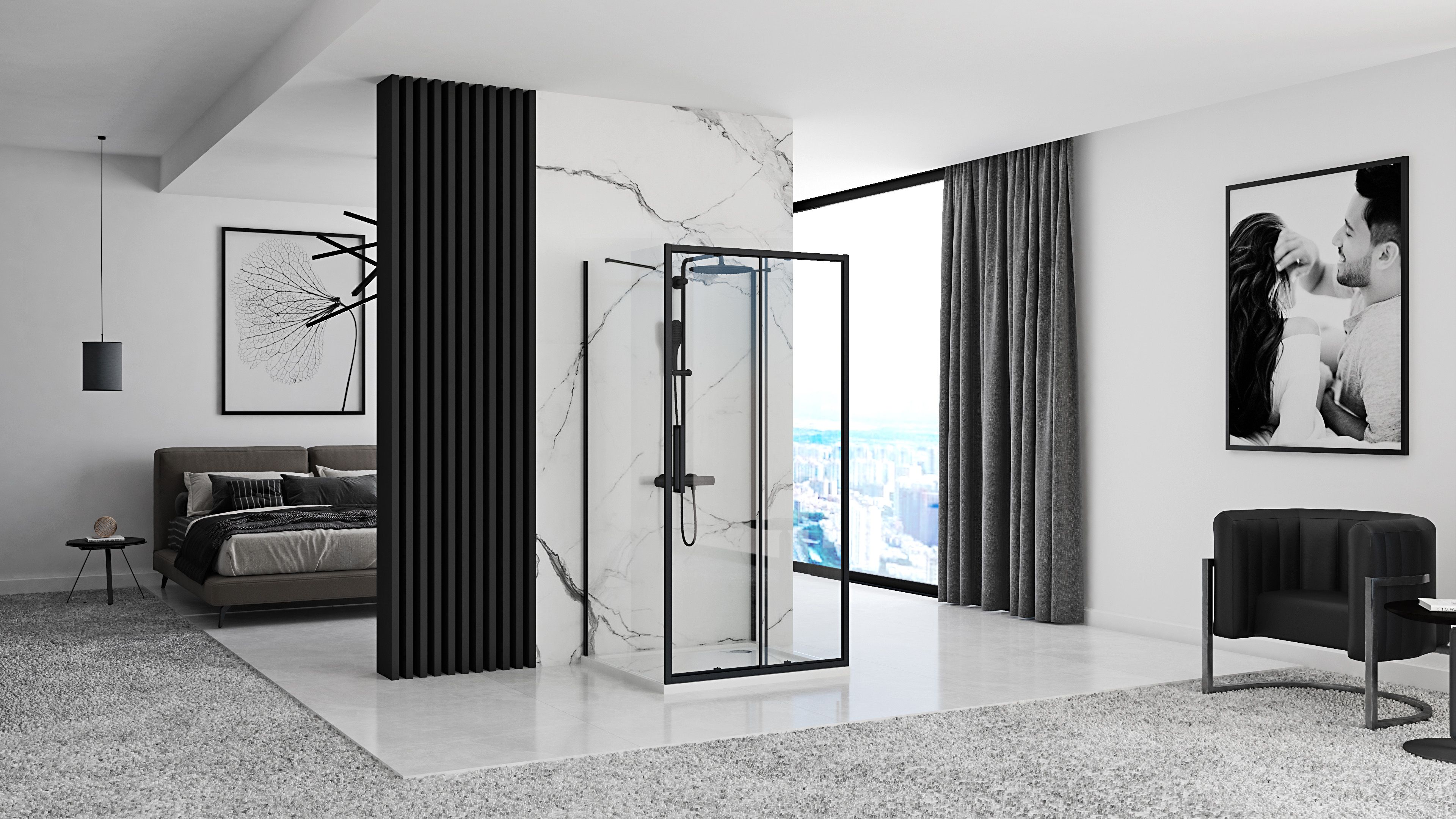Rea Rapid Slide Wall, 3-stenný sprchovací kút s posuvnými dverami 160 (dvere) x 100 (stena) x 195 cm, 6mm číre sklo, čierny profil, KPL-09894