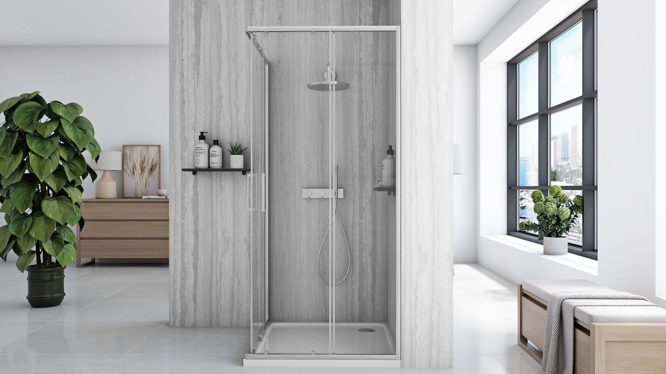 Rea City, sprchovací kút s posuvnými dverami 90x90cm + čierna sprchová vanička, KPL-E0058