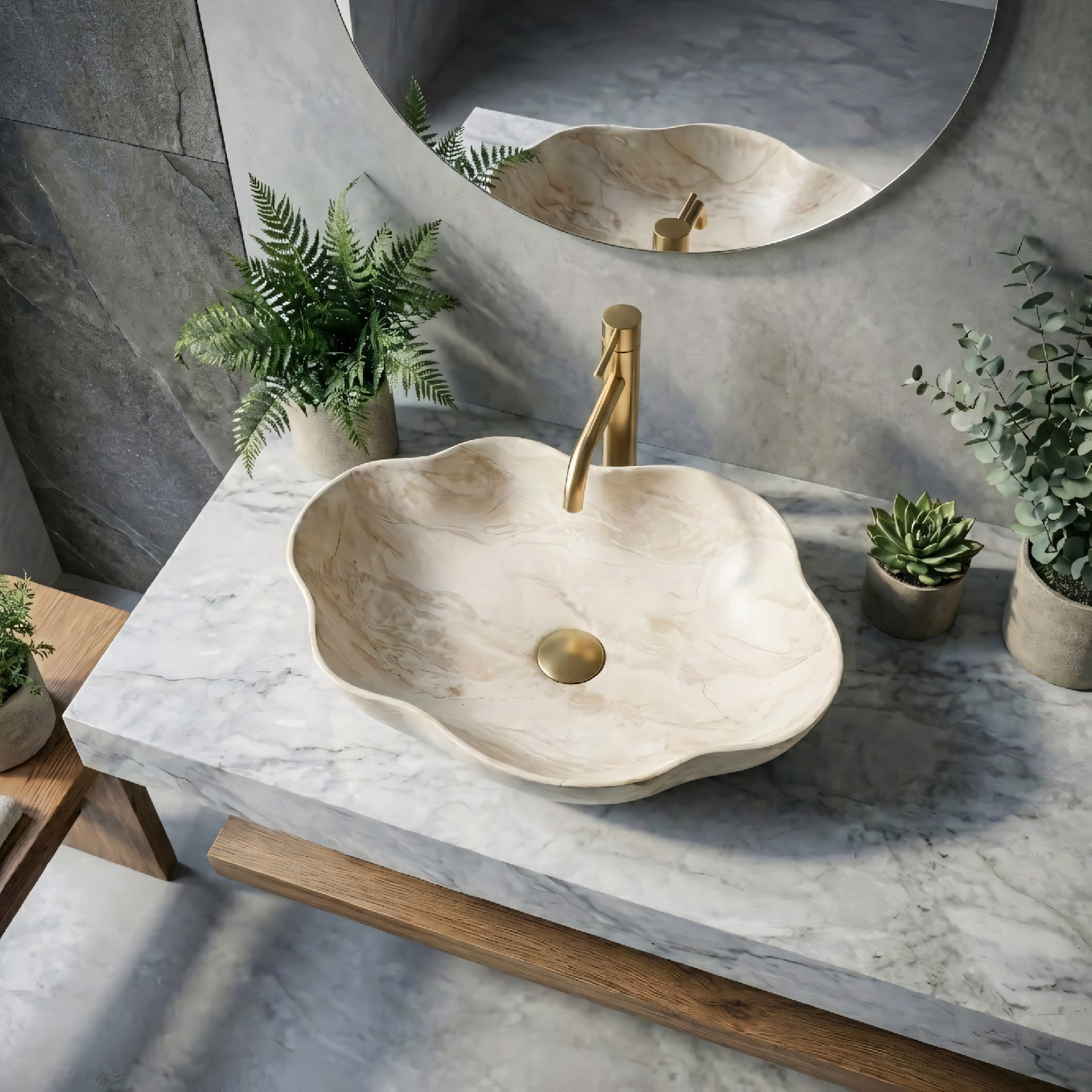 Rea Pearl Kallisto, umývadlo na dosku 505x380x135 mm, béžová-imitácia kameňa, REA-U0619
