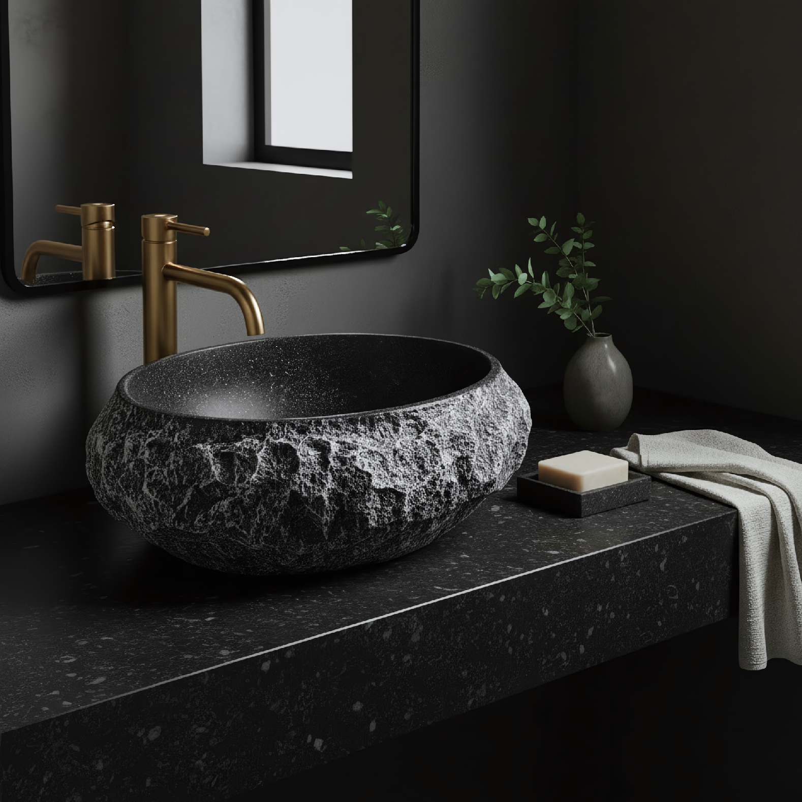 Rea Mika Gabro, umývadlo na dosku 480x380x155 mm, imitácia kameňa-čierna, REA-U0634