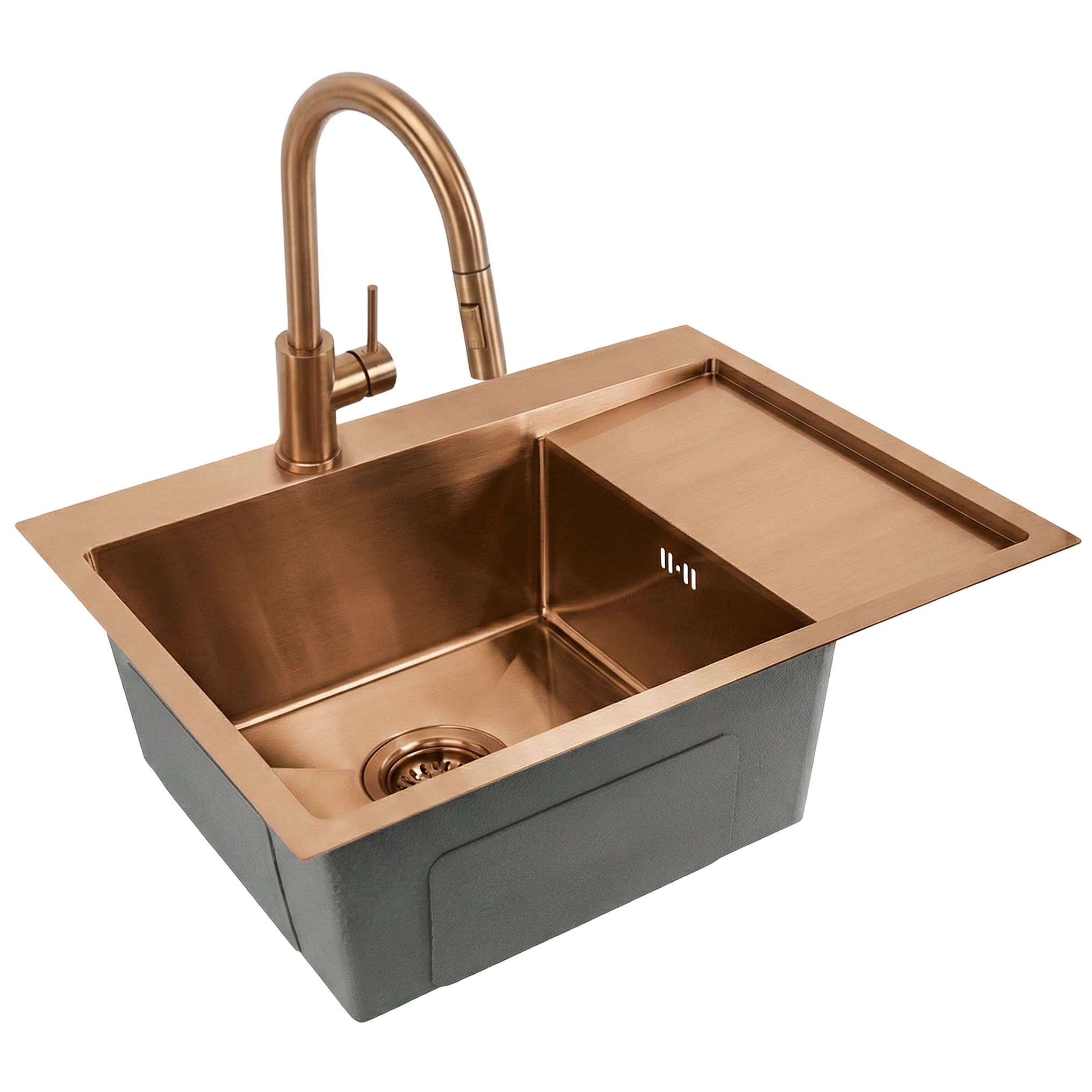 Rea Fin, 1-komorový nerezový drez 620x480x185 mm, brúsená meď, ZLE-06018