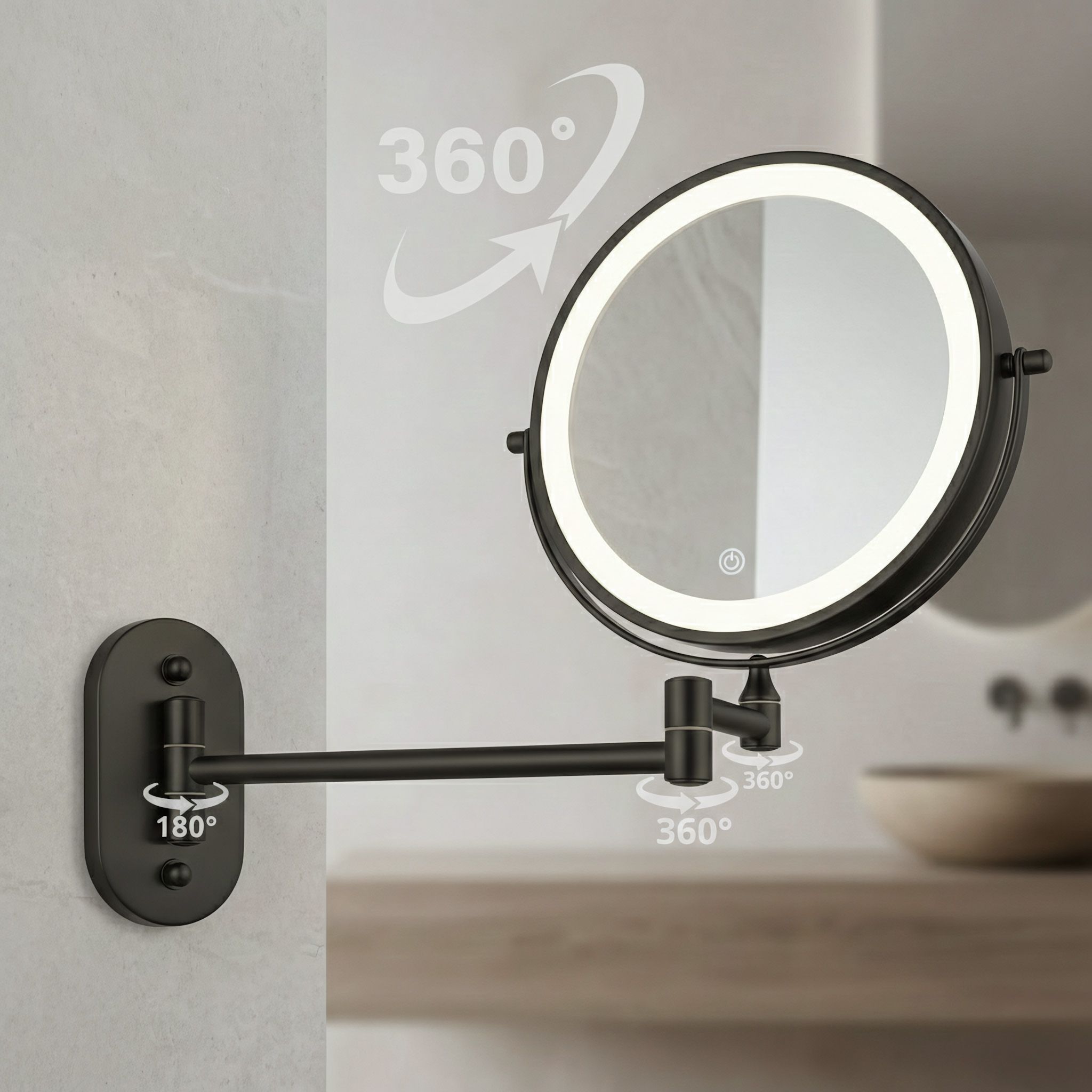 Rea Glow, kozmetické LED zrkadlo nástenné 20 cm, čierna matná, HOM-70000