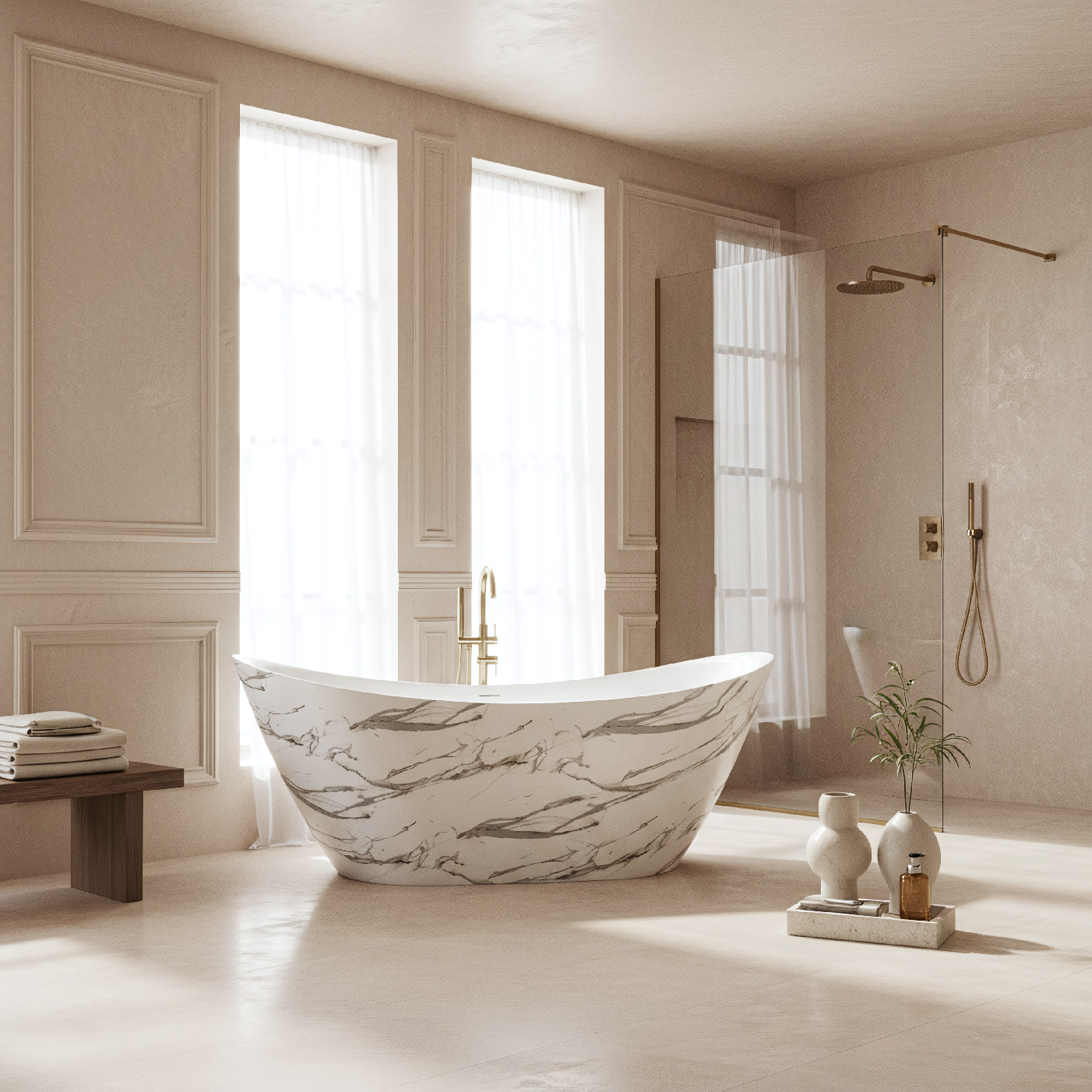 Rea Ferrano Slim, voľne stojaca vaňa 170x73 cm, imitácia kameňa, čierny click-clack, KPL-W6505