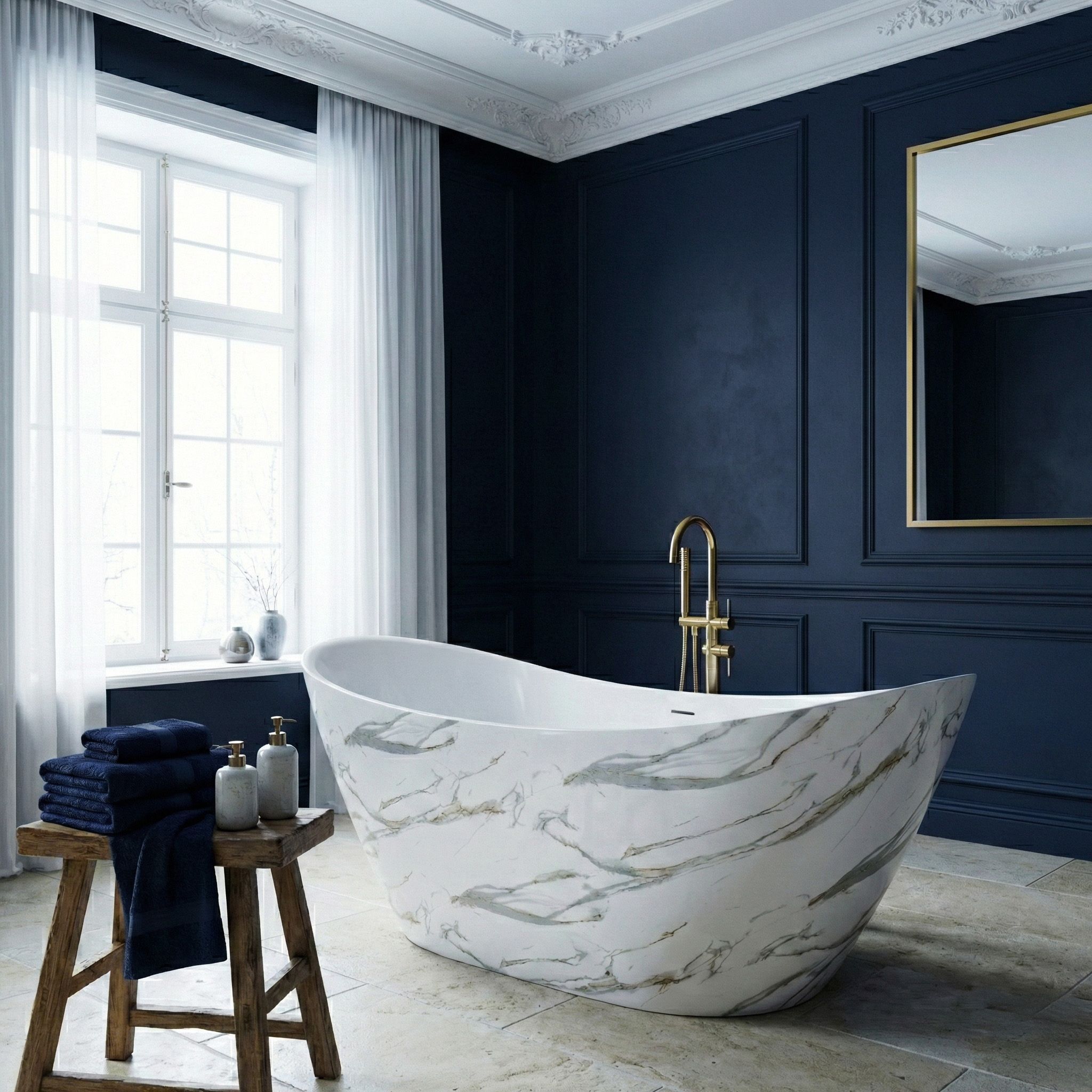 Rea Ferrano Slim, voľne stojaca vaňa 170x73 cm, imitácia kameňa, zlatý matný click-clack, KPL-W7505
