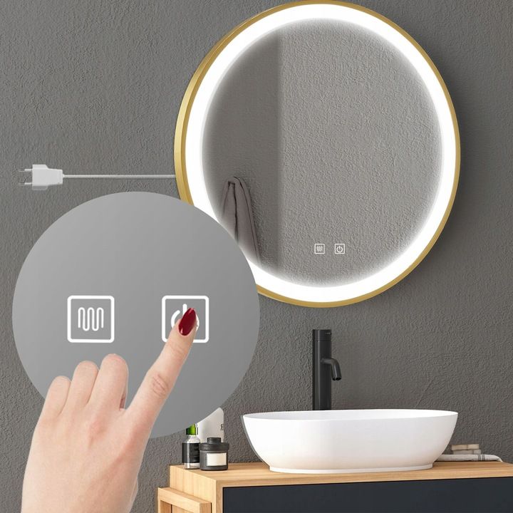 Rea MMJ, LED kúpeľňové zrkadlo 70 cm s zlatom ráme, dotykové ovládanie, anti-fog, HOM-02502