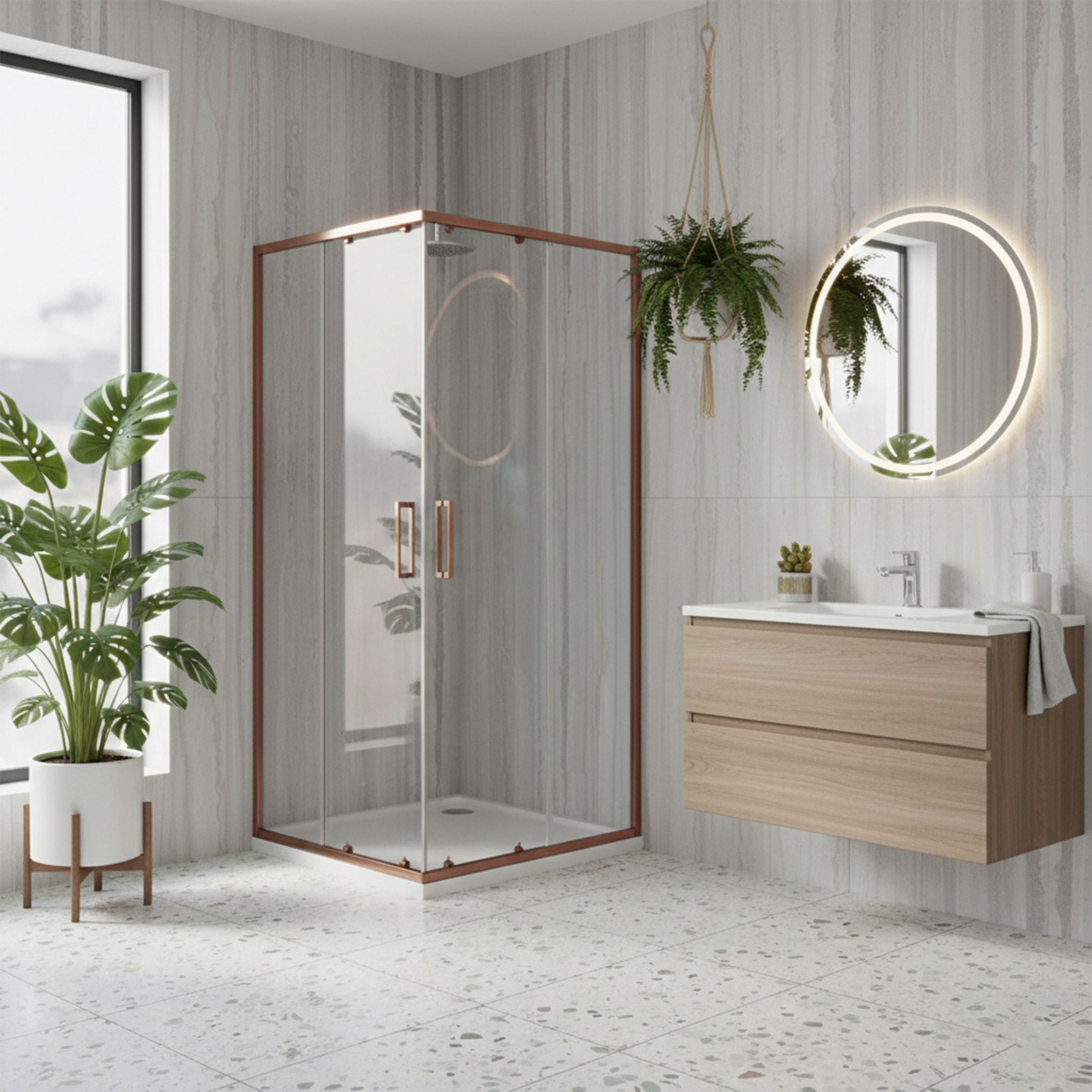 Rea City, sprchový kút s posuvnými dverami 90×90 cm + čierna sprchová vanička, medená matná, KPL-K7984
