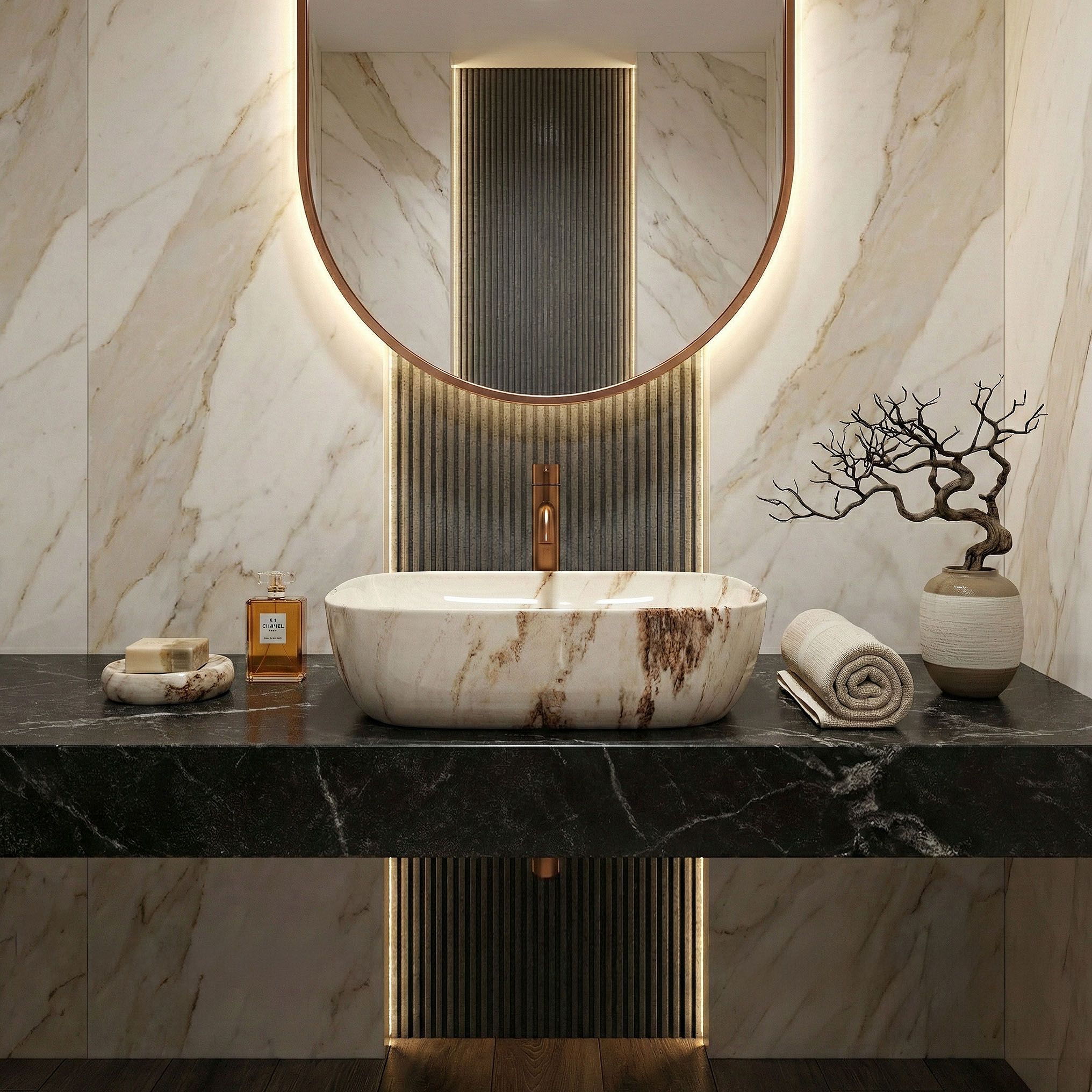 Rea Belinda Marrone Shiny, umývadlo na dosku 465×330×135 mm, imitácia kameňa Marrone, REA-U3601