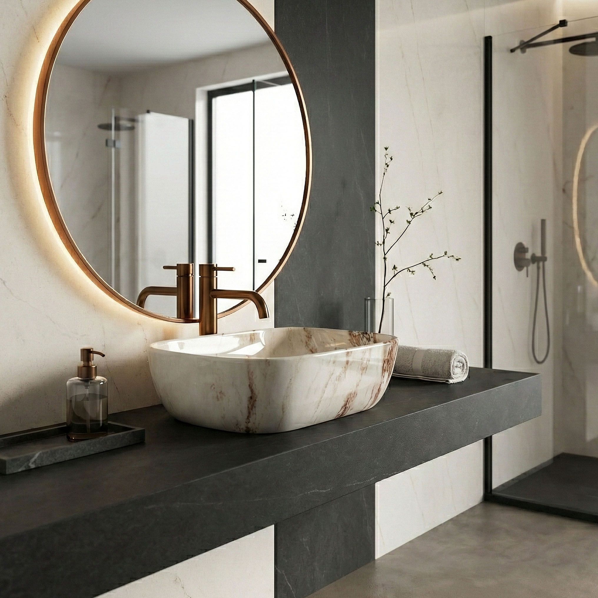 Rea Belinda Marrone Shiny, umývadlo na dosku 465×330×135 mm, imitácia kameňa Marrone, REA-U3601
