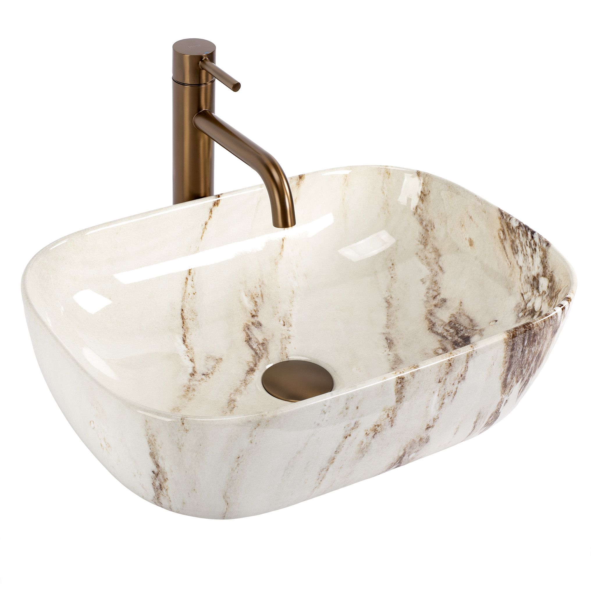 Rea Belinda Marrone Shiny, umývadlo na dosku 465×330×135 mm, imitácia kameňa Marrone, REA-U3601