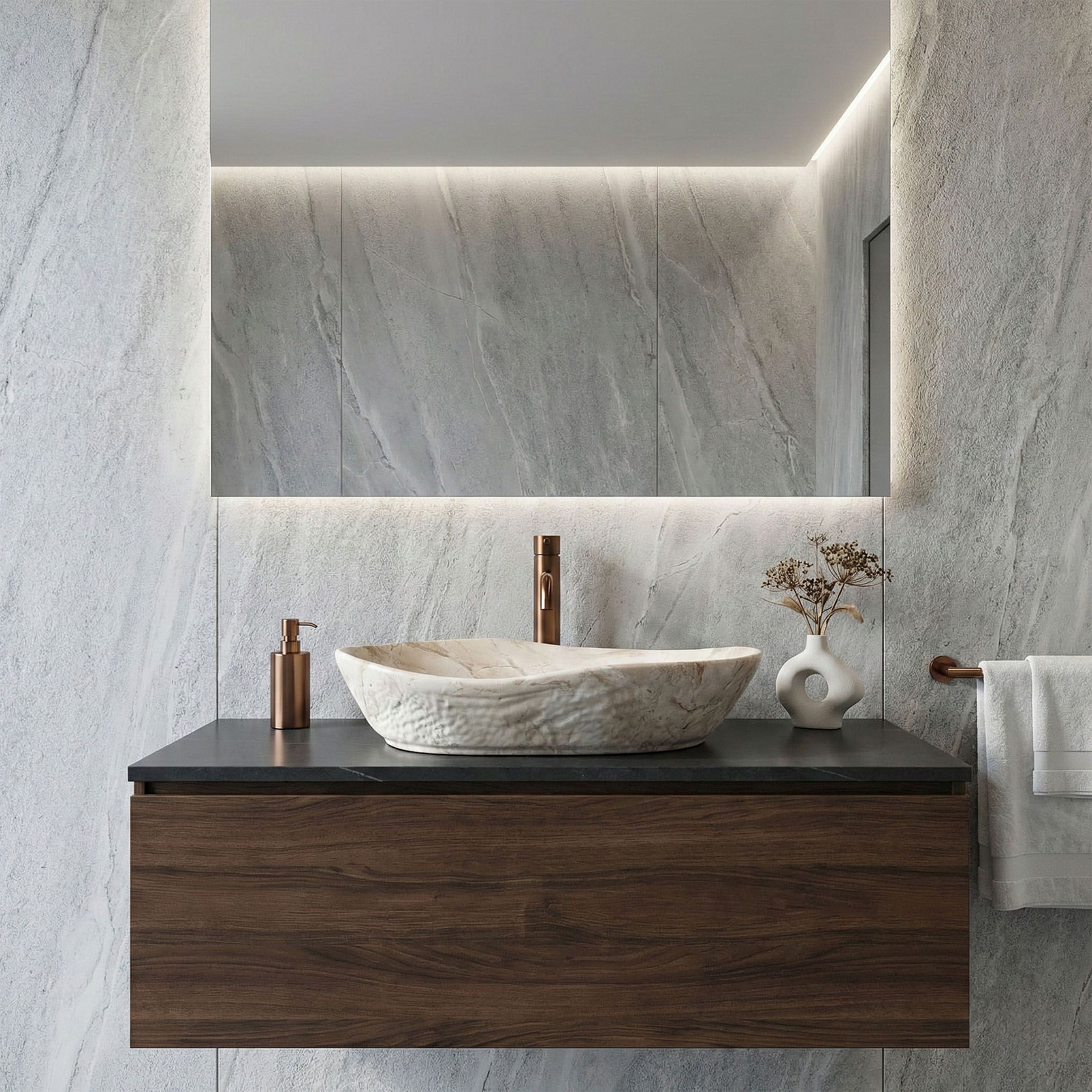 Rea Emilia Reno, umývadlo na dosku 560×380×135 mm, béžová matná – imitácia kameňa, REA-U3510