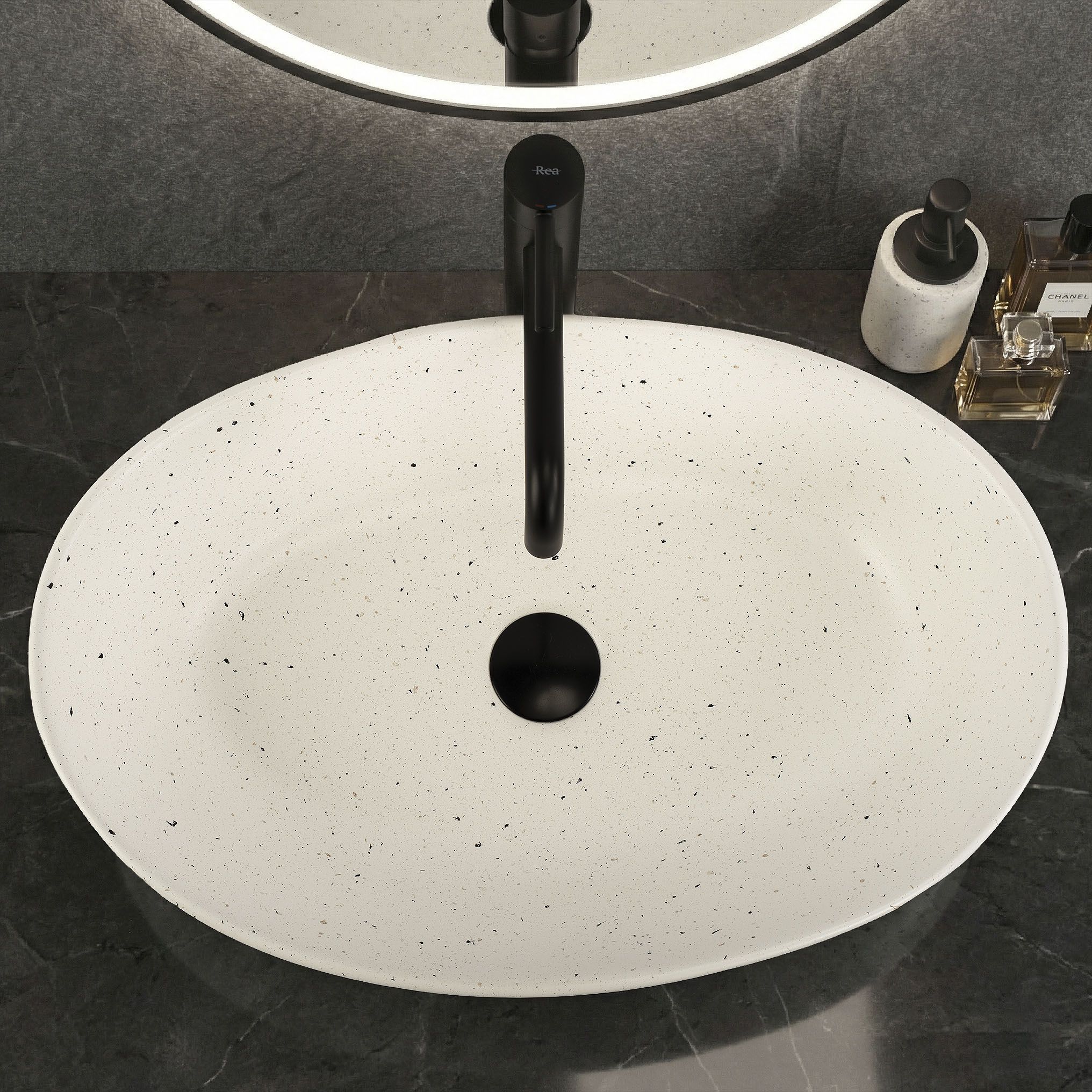 Rea Emilia Grid, umývadlo na dosku 560×380×135 mm, ecru matná – imitácia kameňa, REA-U3509