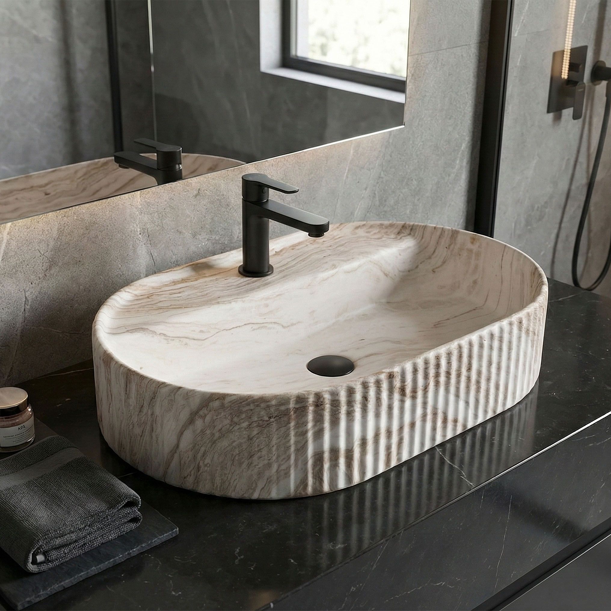 Rea Marcela Kallisto, umývadlo na dosku 600×370×135 mm, béžová matná-imitácia kameňa, REA-U3517
