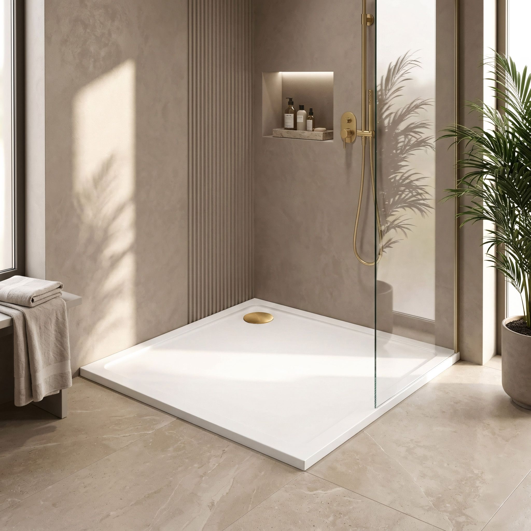 Rea Savoy, sprchová vanička 80x80x6 cm + sifón so zlatou krytkou, biela lesklá, KPL-11906