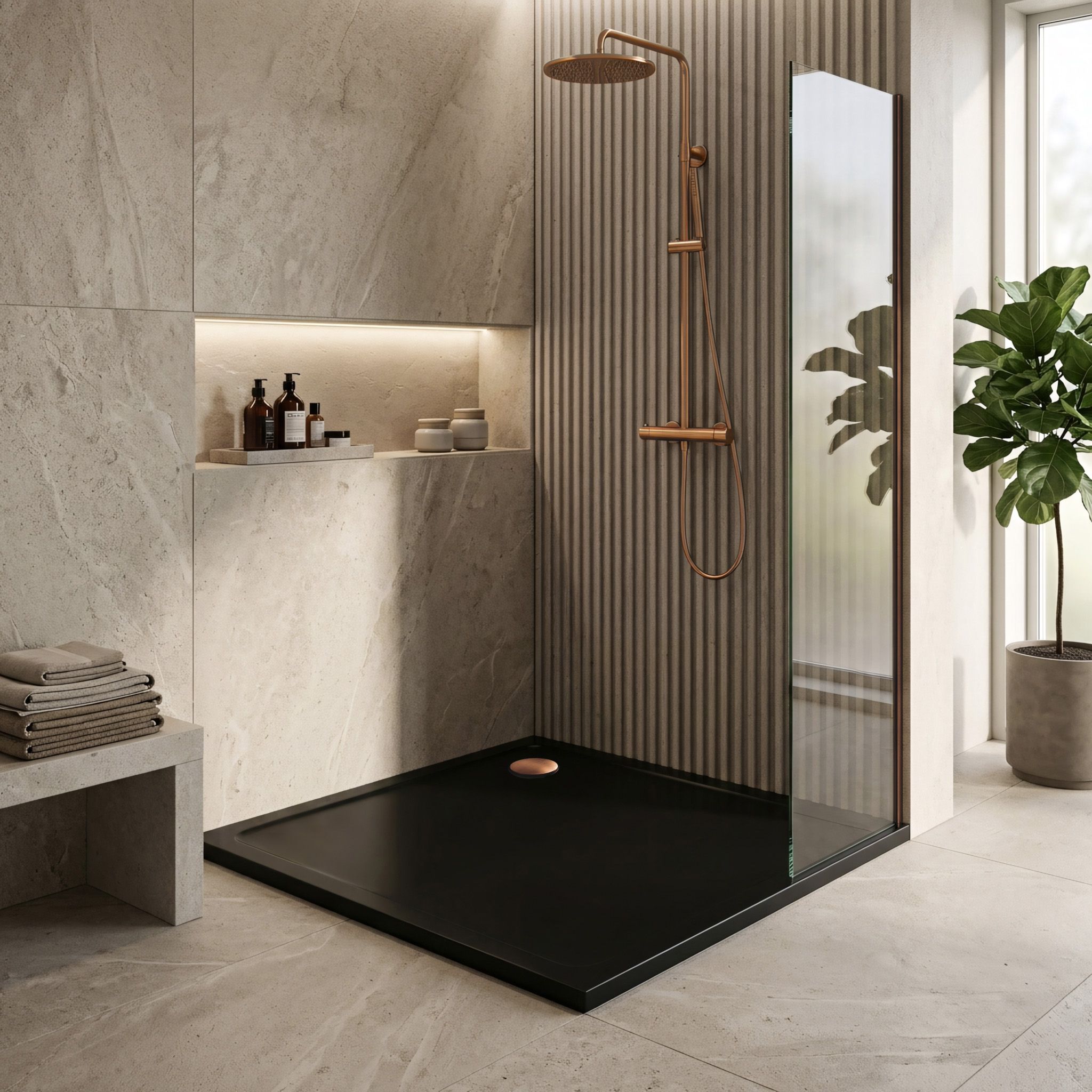 Rea Savoy, sprchová vanička 80x80x6 cm + sifón s medenou krytkou, čierna lesklá, KPL-14804